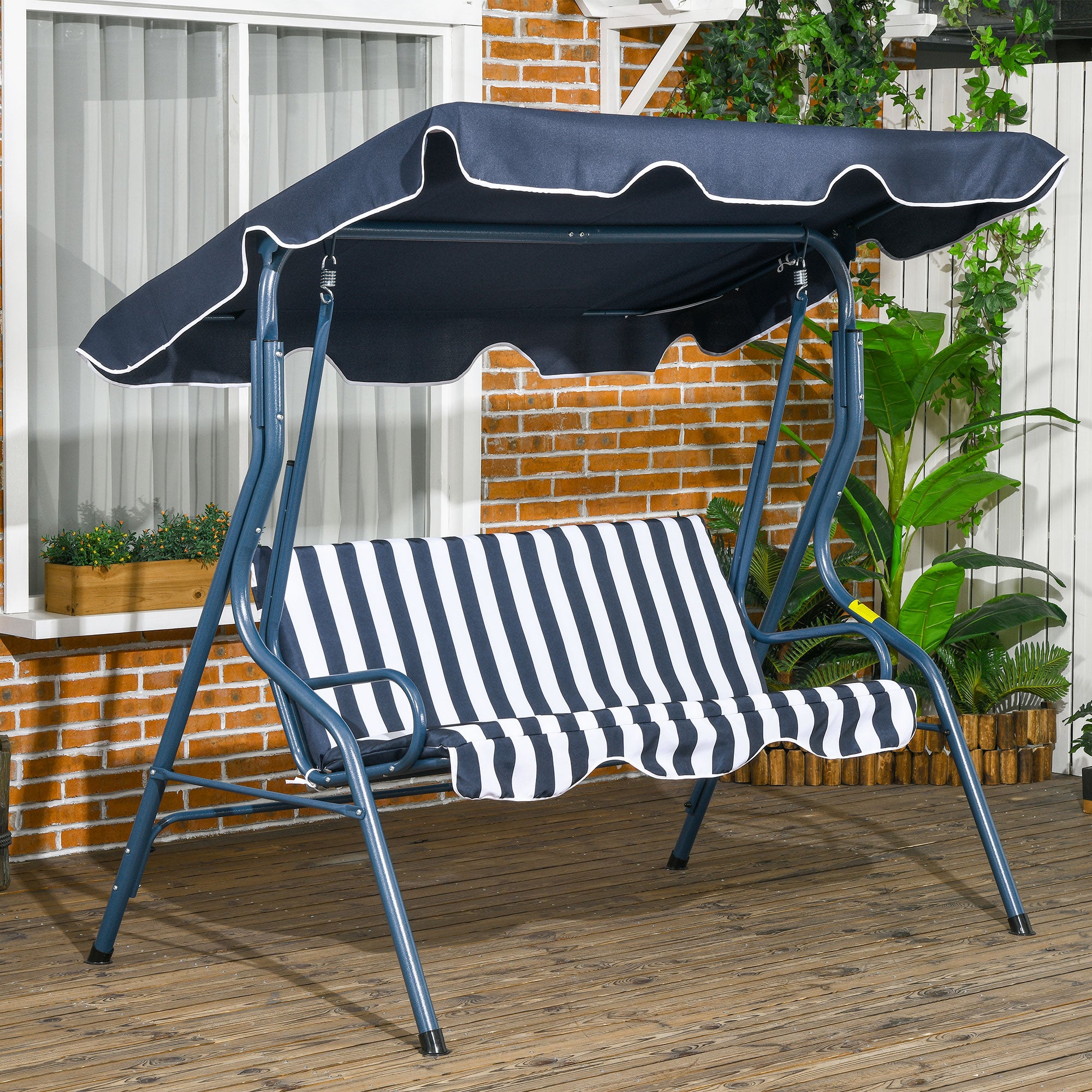 3 Seater Garden Swing Seat Chair with Adjustable Canopy and Metal Frame - Blue Stripes