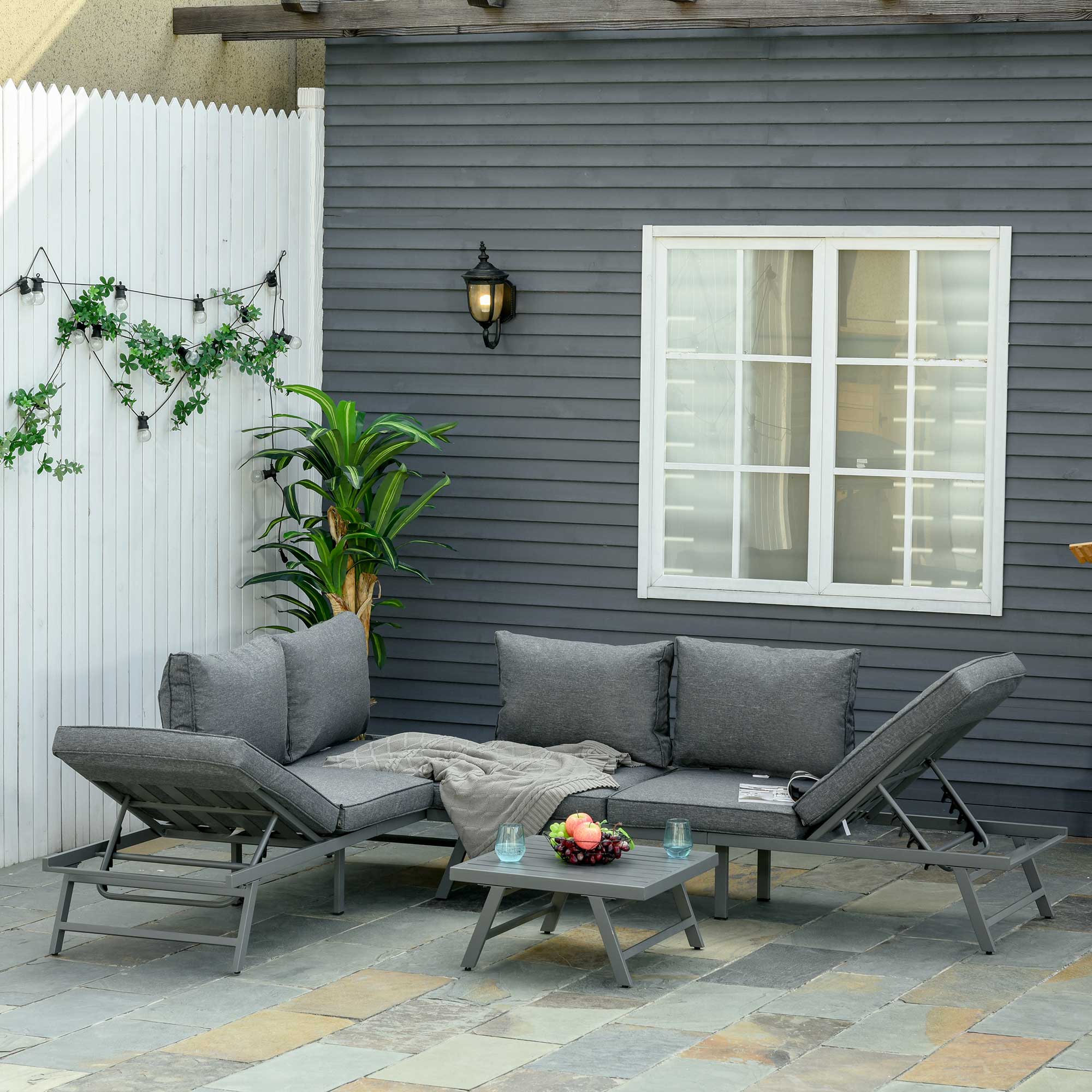 3 Piece Convertible Garden Seating Set with Padded Cushions Grey