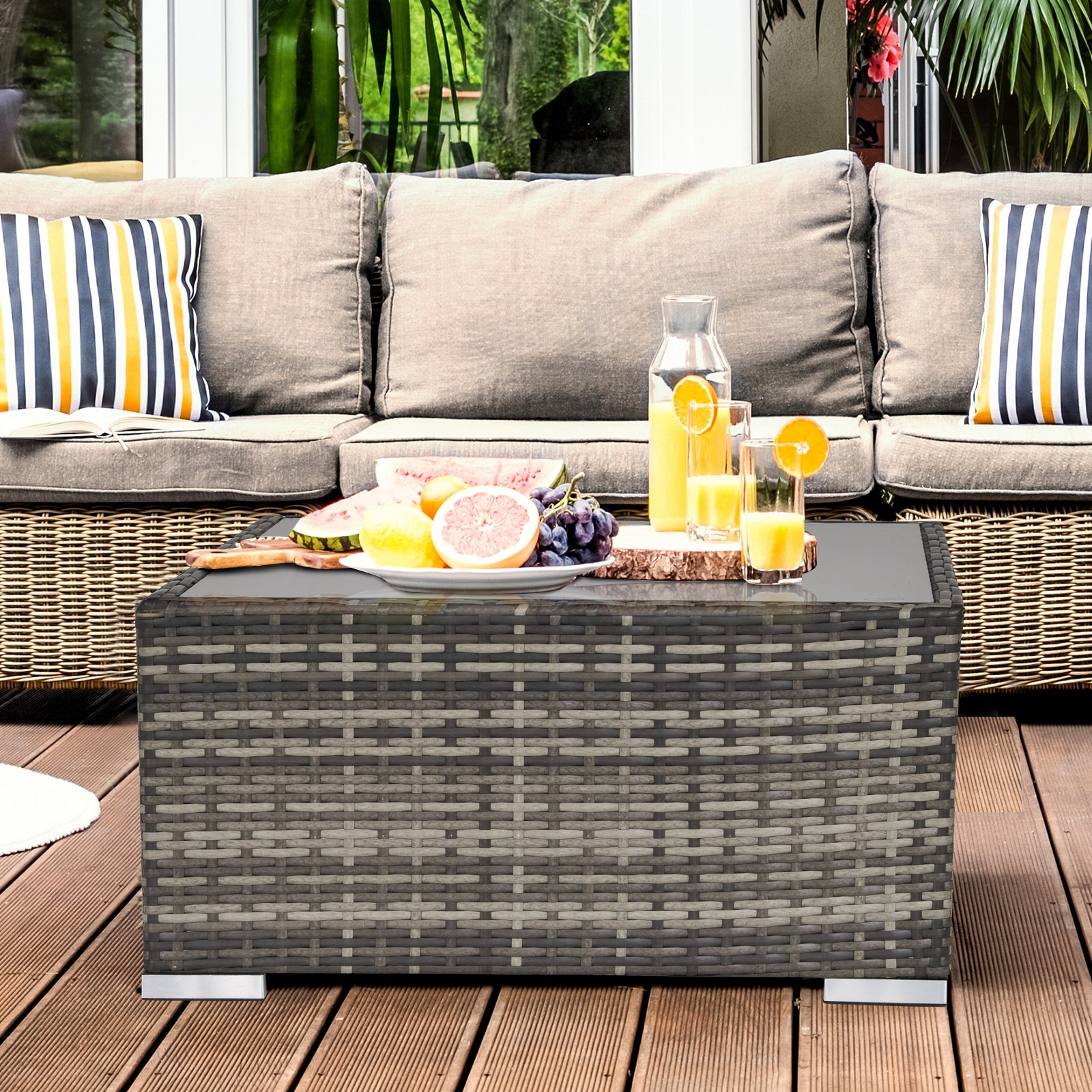 Rattan Coffee Table with Tempered Glass Top - Deep Grey