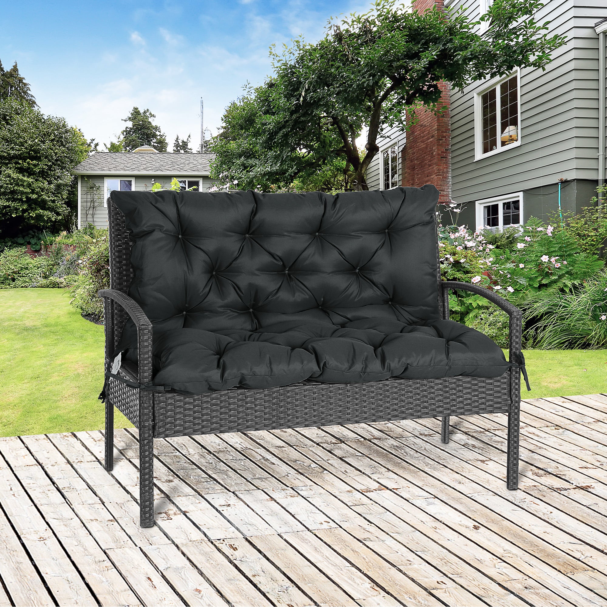 2 Seater Garden Bench Cushion with Ties - Black Polyester