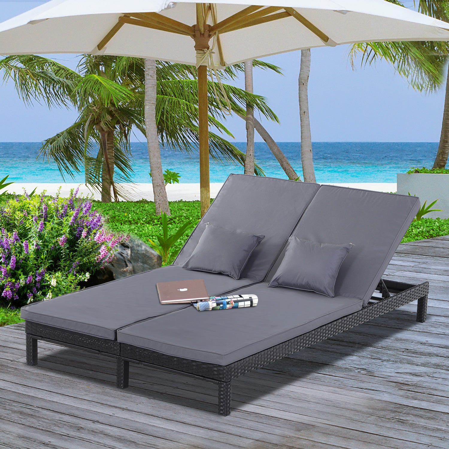 2 Seater Rattan Sun Lounger With Cushions Reclining Outdoor Patio Black