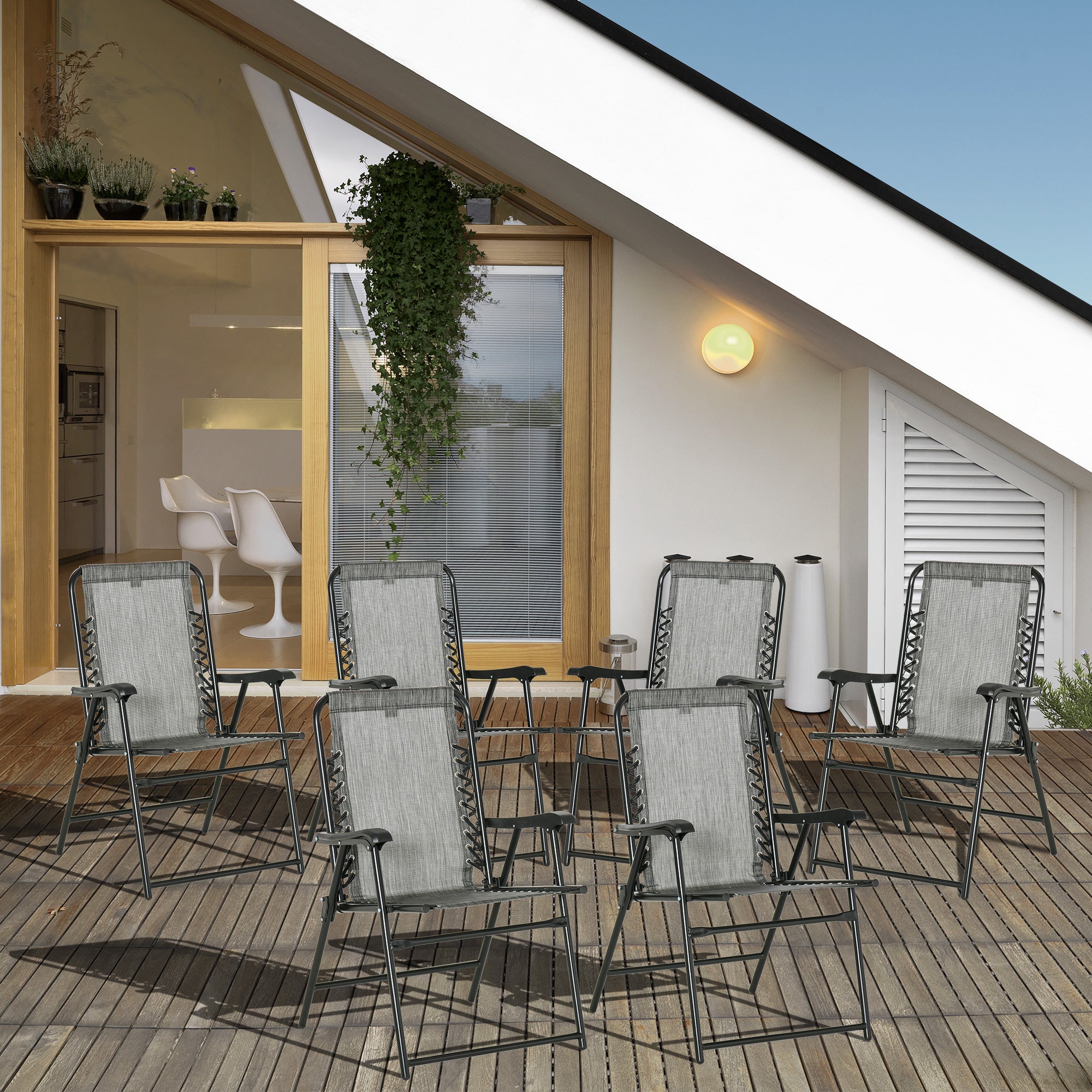 Set of 6 Ergonomic Folding Patio Chairs with Steel Frame - Grey