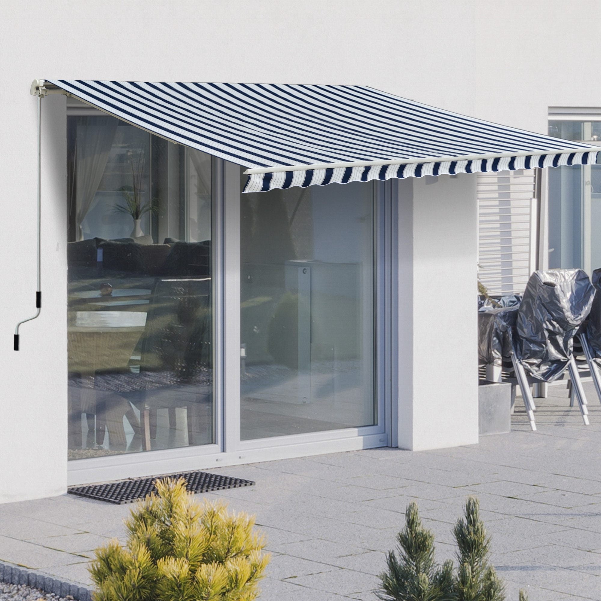 Retractable Garden Patio Awning Canopy with Easy Installation - Blue/White