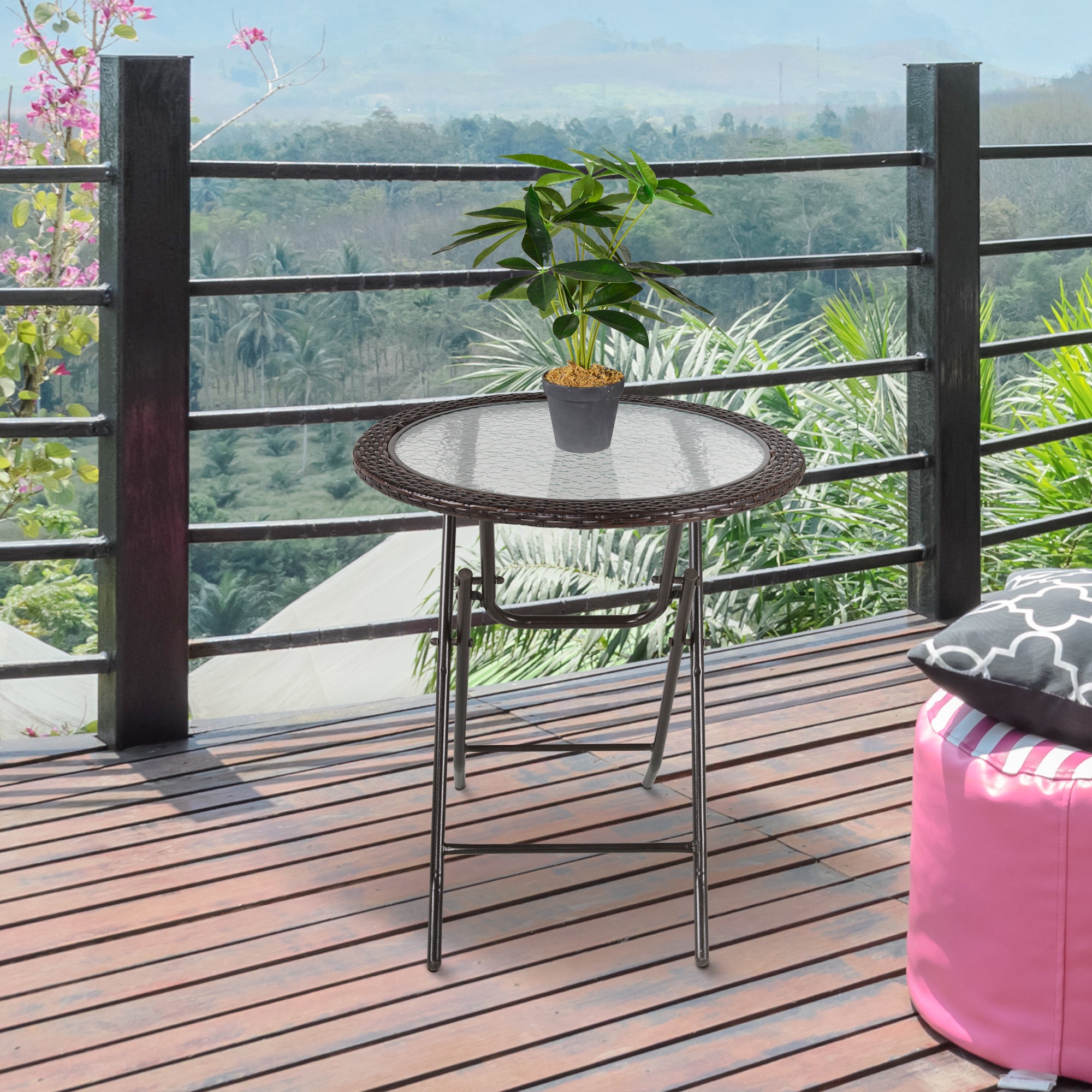 Folding Round Tempered Glass Metal Table with Brown Rattan Edging - Brown