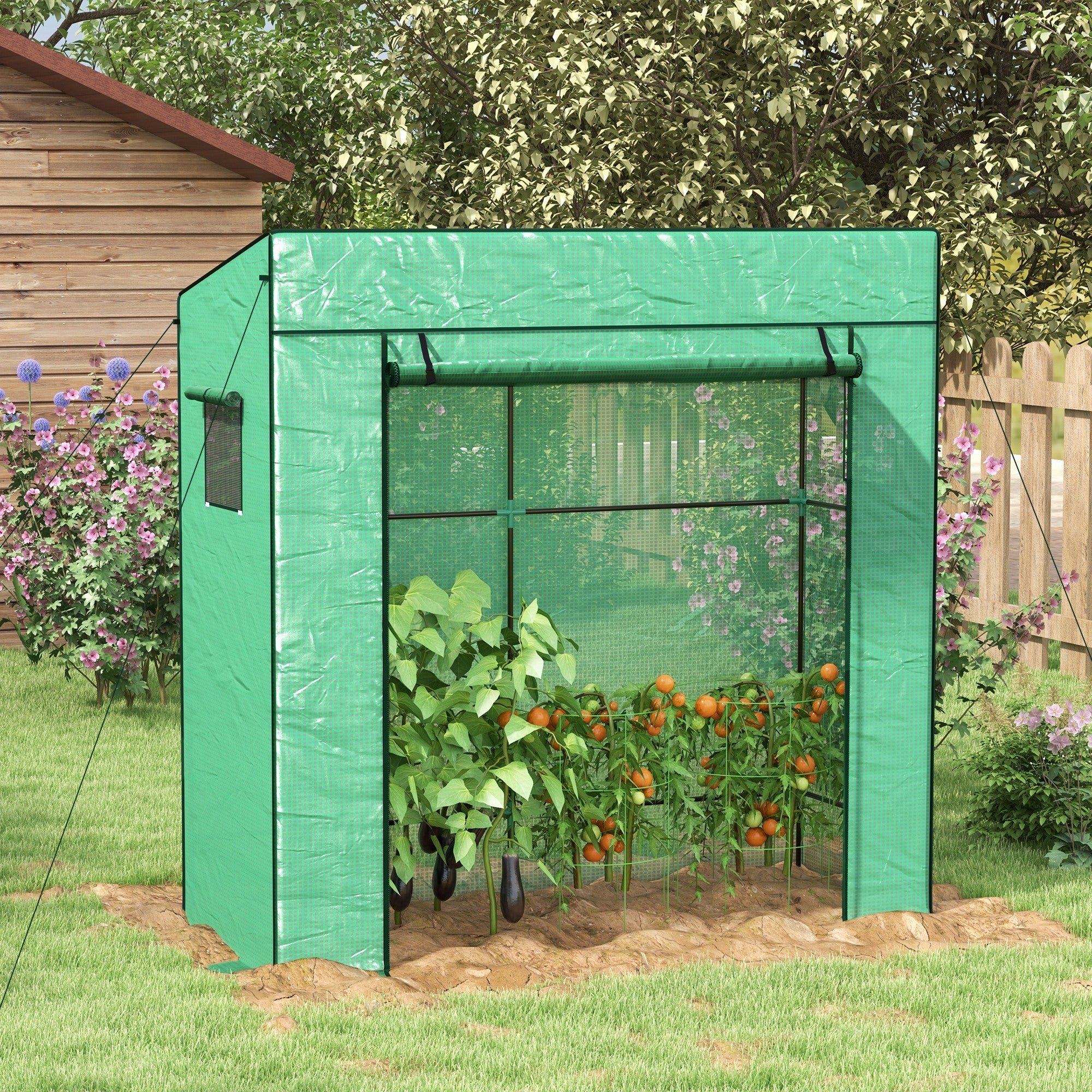 Walk-In Lean-To Greenhouse with Reinforced PE Cover - Green