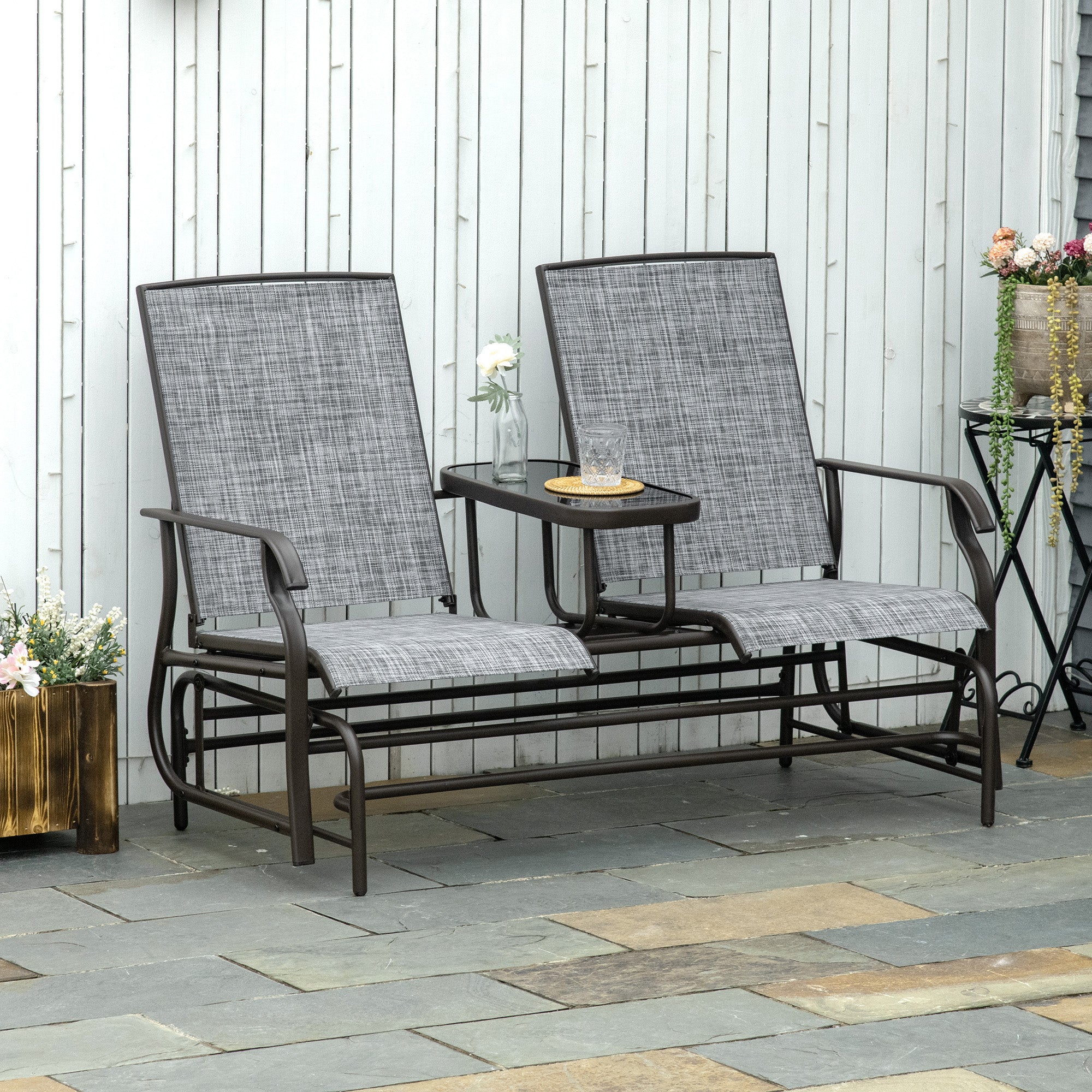 2 Seater Metal Swing Glider with Glass Table - Brown & Grey