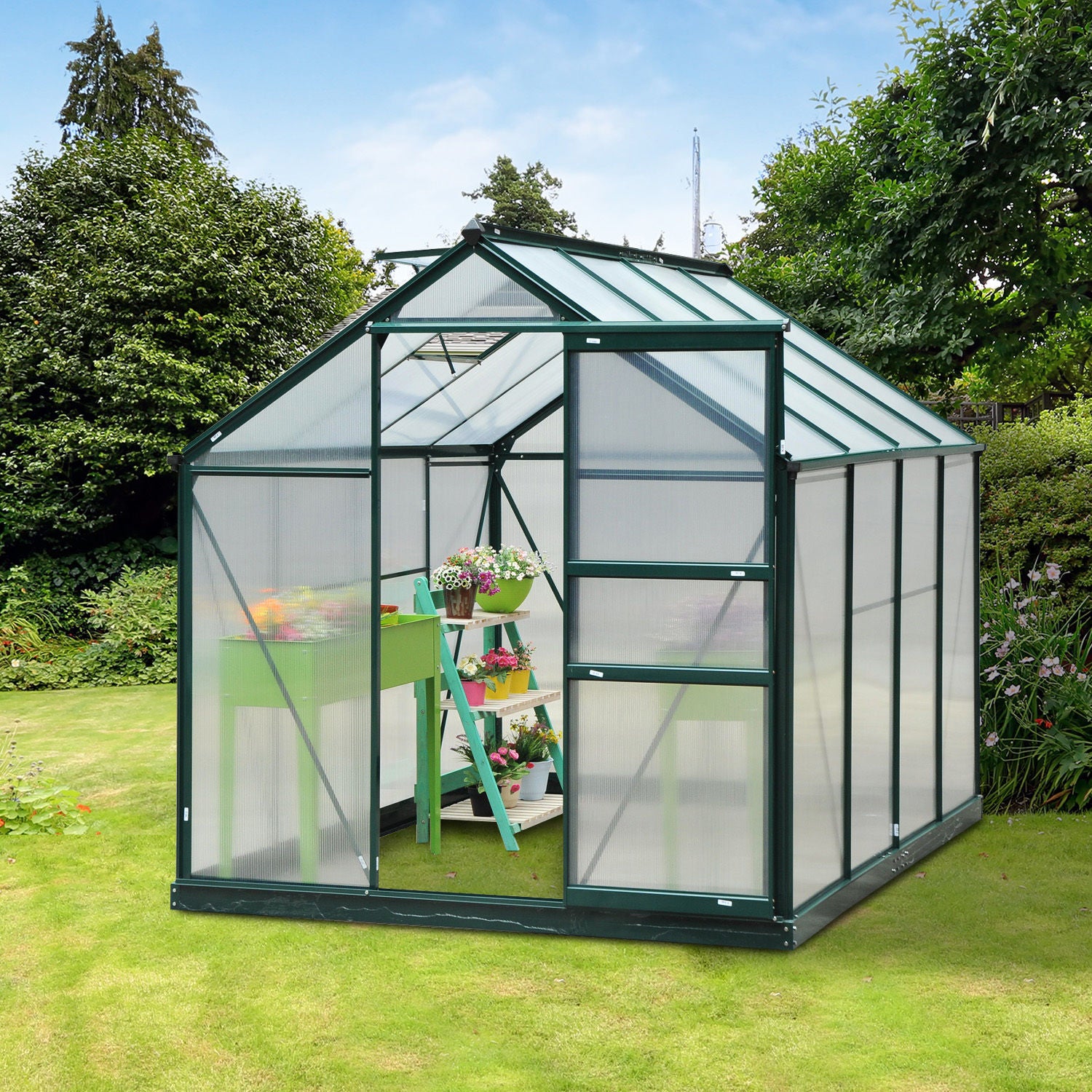 6 x 8 Foot Aluminium Frame Greenhouse with Galvanized Base and Slide Door - Dark Green