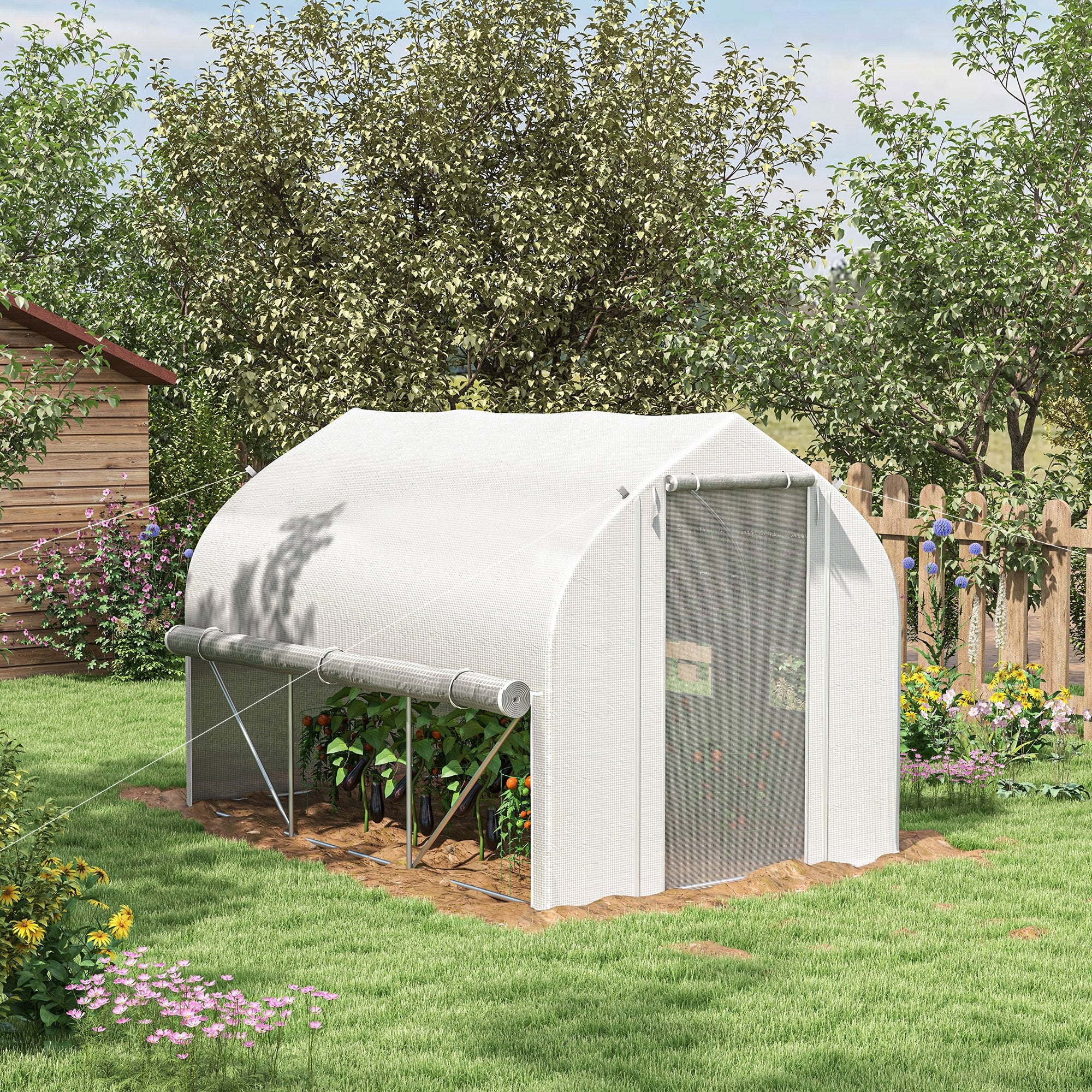 3 Piece Walk-In Polytunnel Greenhouse Set with Mesh Windows and PE Cover - White