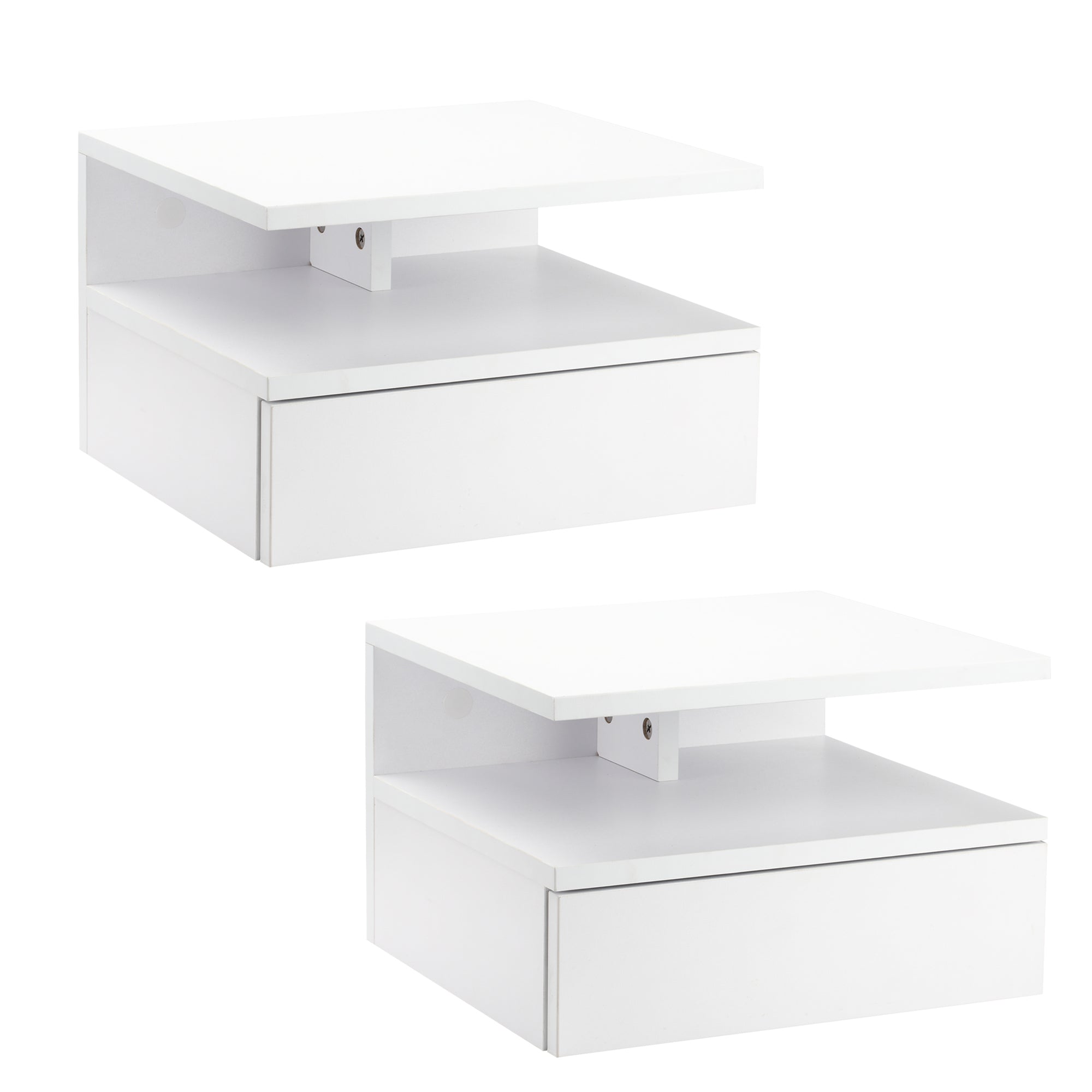 Set of 2 Floating Bedside Cabinets with Drawer and Shelf - White