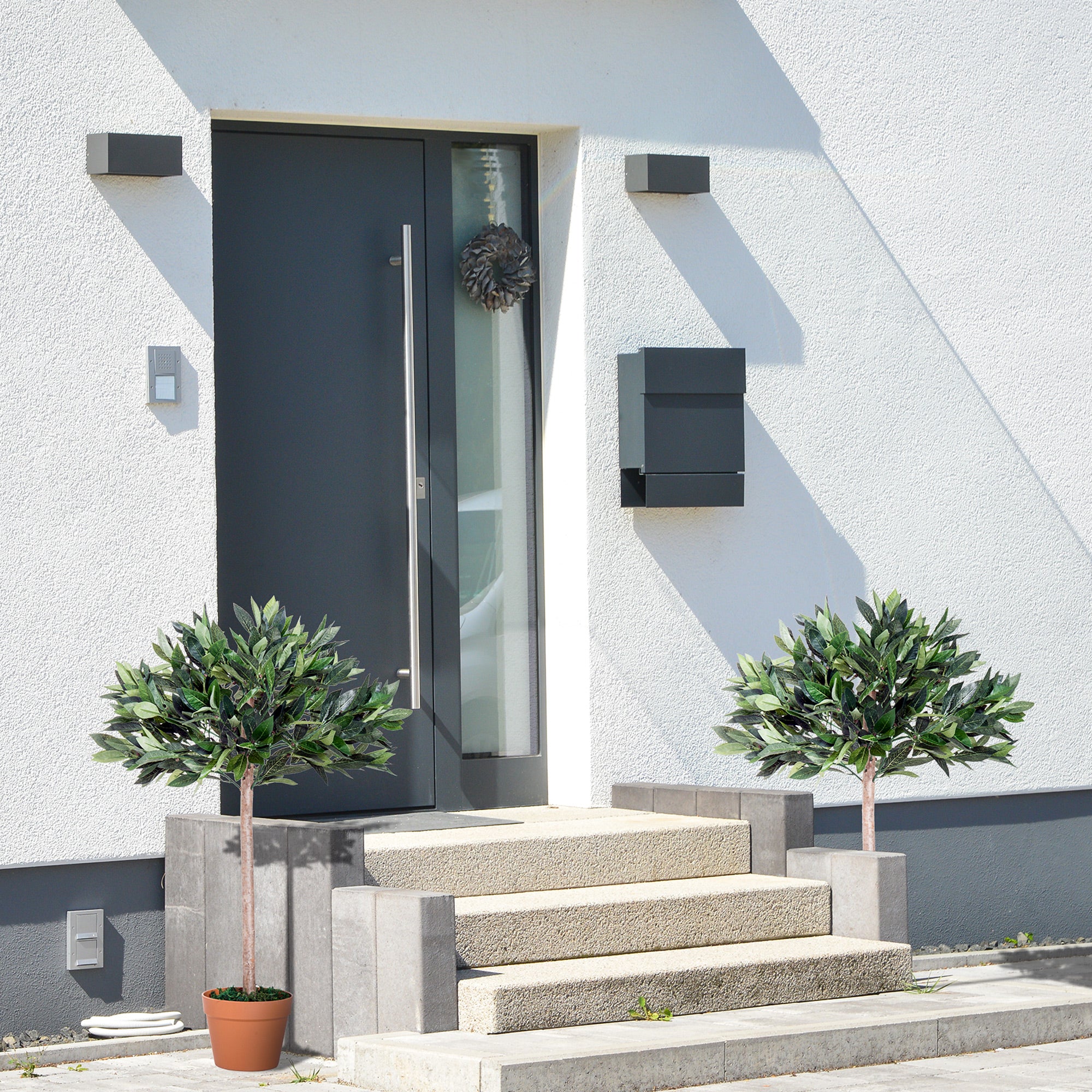 Set of 2 Artificial Laurel Trees with Orange Pots - Green and Orange
