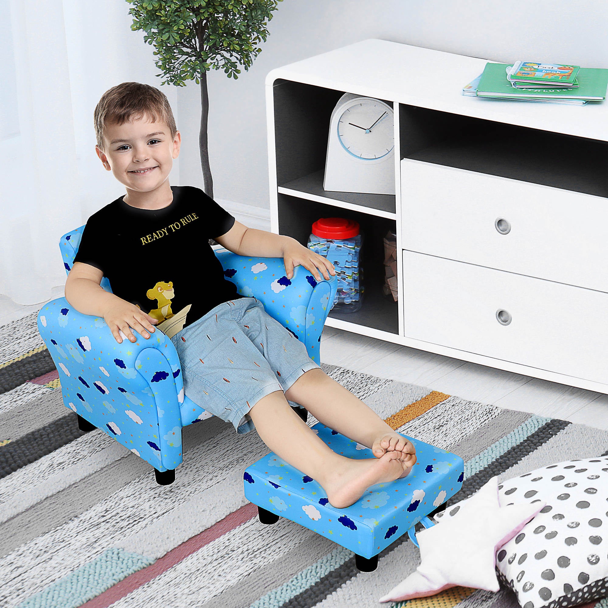 Childrens Mini Sofa with Footrest and Wood Frame - Blue Cloud Design