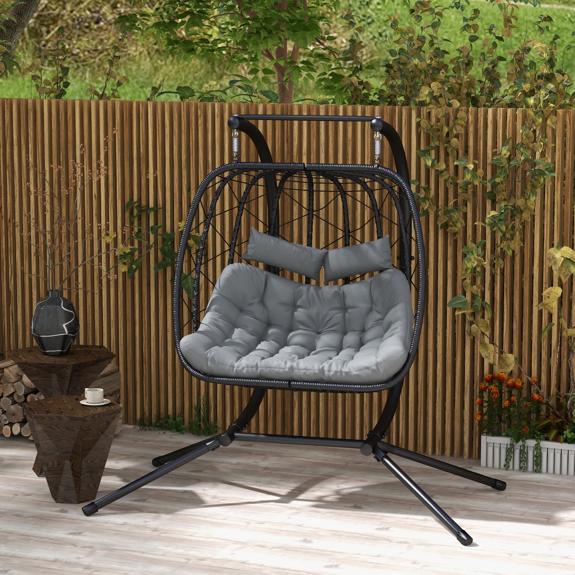 2 Seater Outdoor PE Rattan Swing Chair with Padded Cushion Black