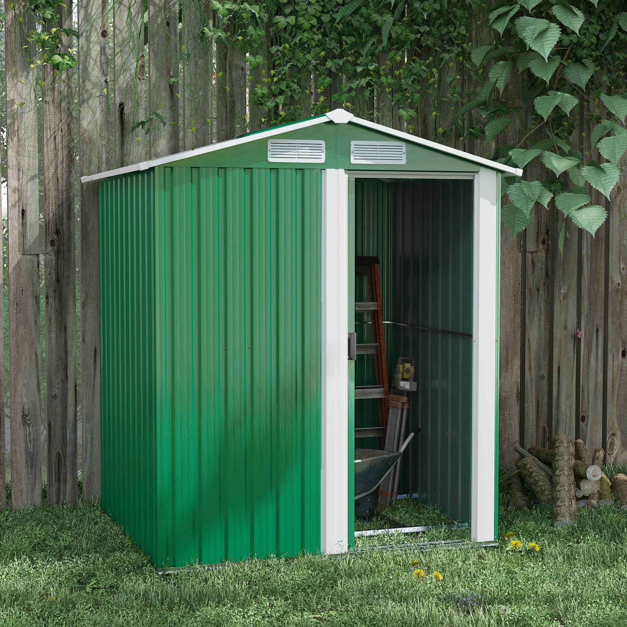 Metal Garden Tool Storage Shed with Sliding Door and Floor Foundation - Green