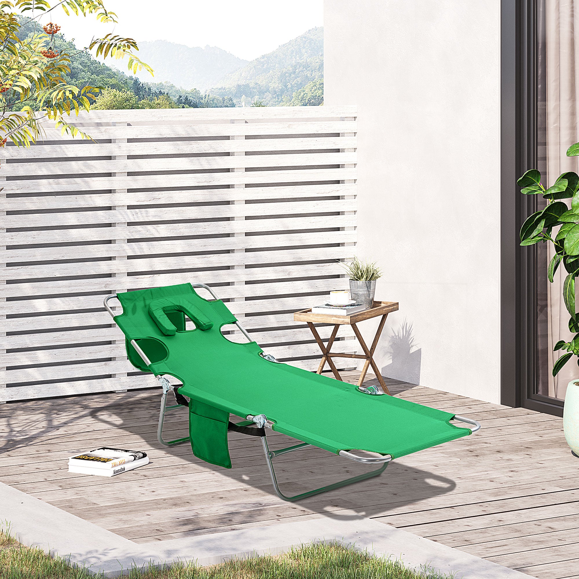 Beach Chaise Lounge with Face Cavity & Arm Slots, Reclining Portable Sun Lounger for Patio Garden Beach Pool - Green