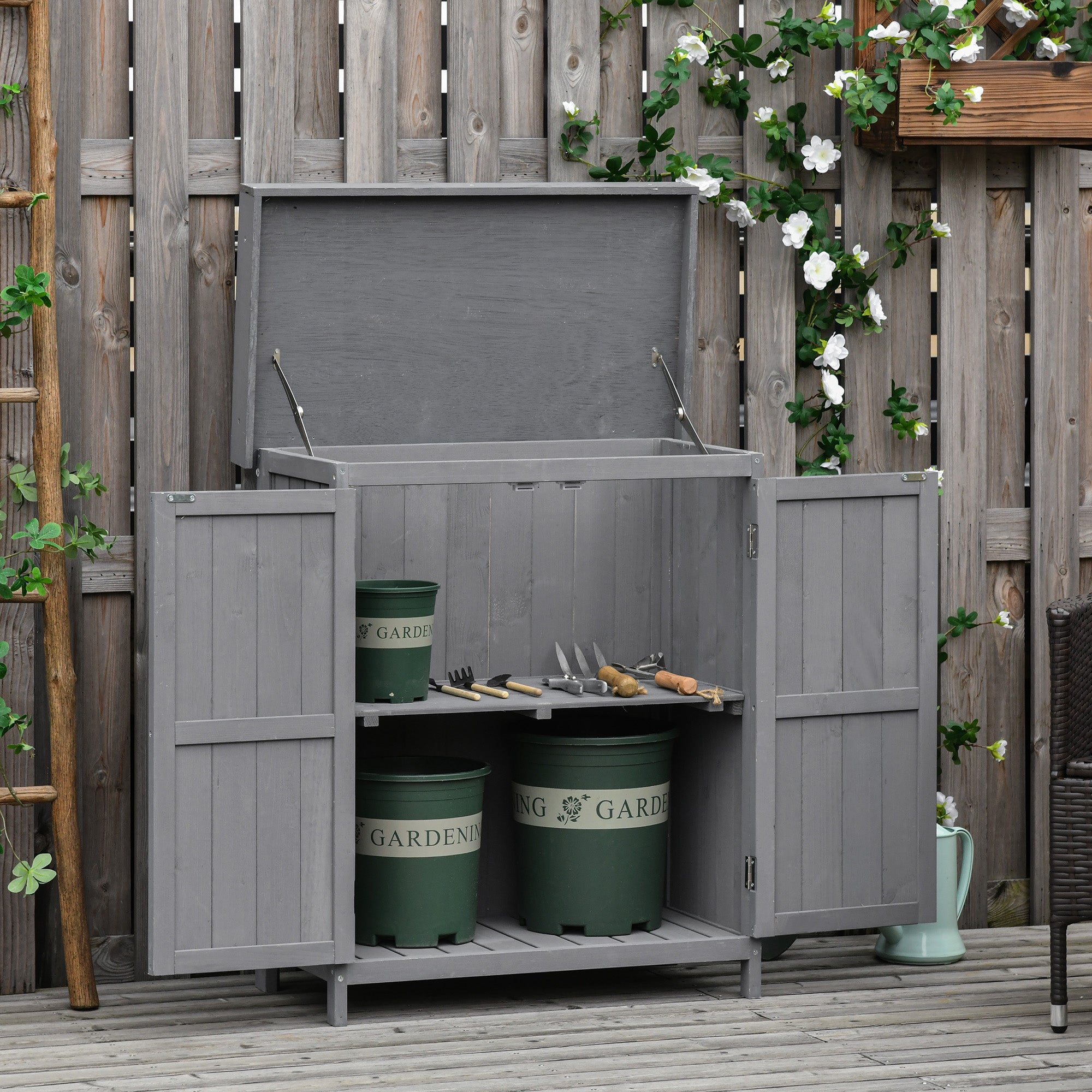 Wooden Garden Storage Shed with Shelves and Double Doors Grey
