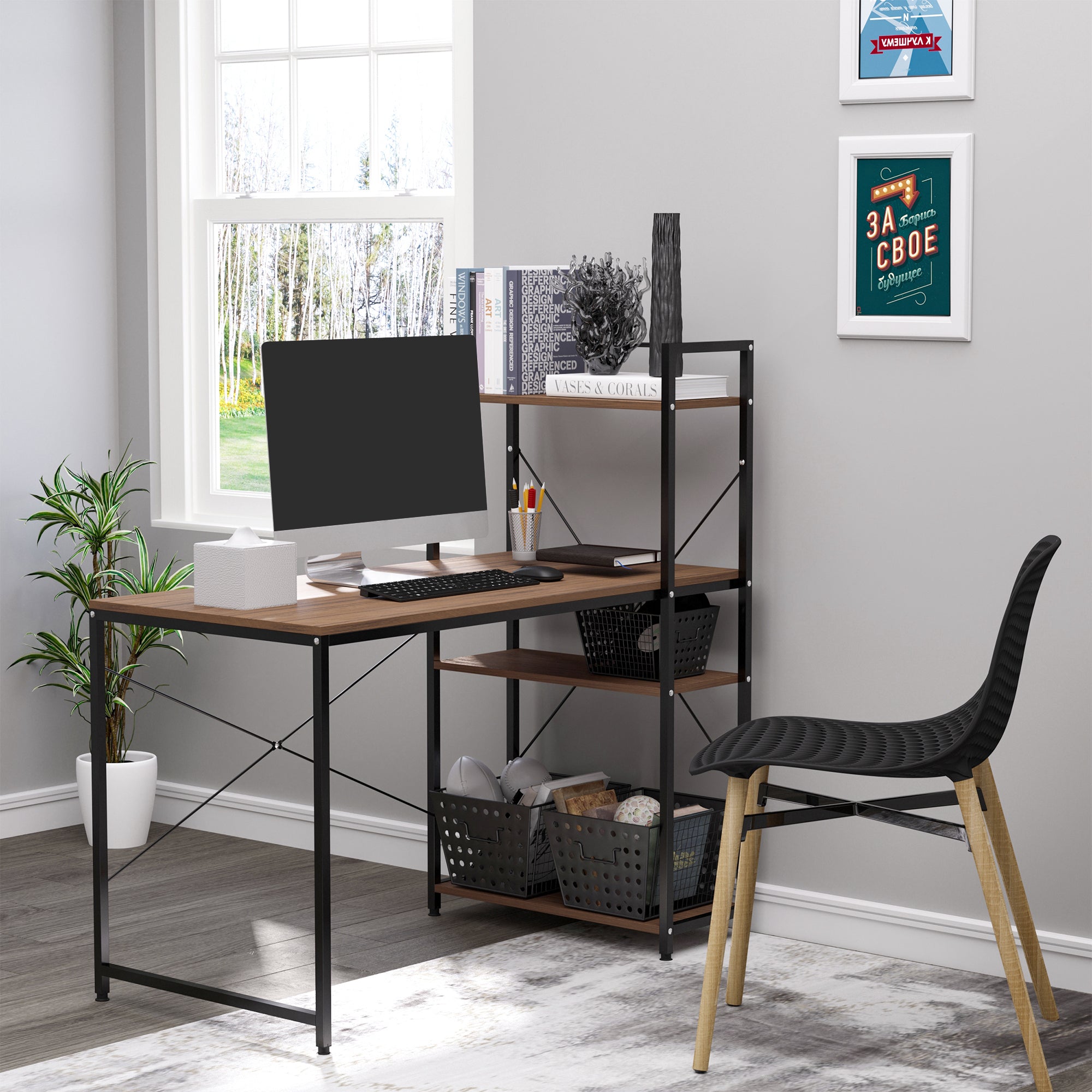 Computer Desk PC Table Study Workstation Home Office with 4-tier Bookshelf Storage Metal Frame Wooden Top (Walnut & Black)