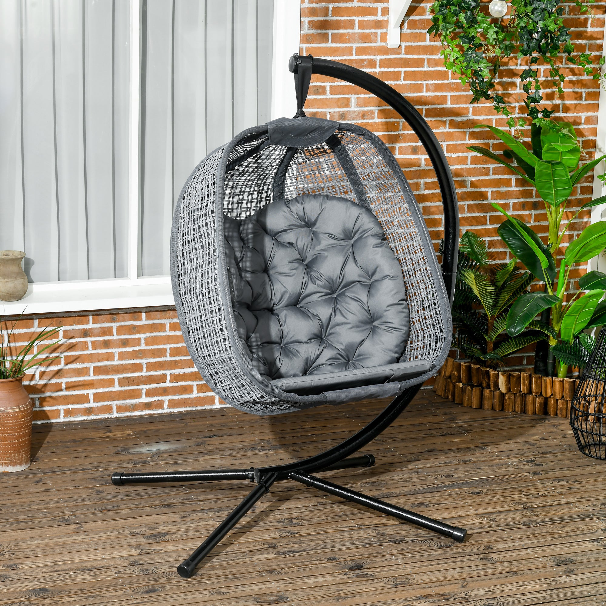 Outdoor Swing Chair with Thick Padded Cushion and Metal Stand - Dark Grey