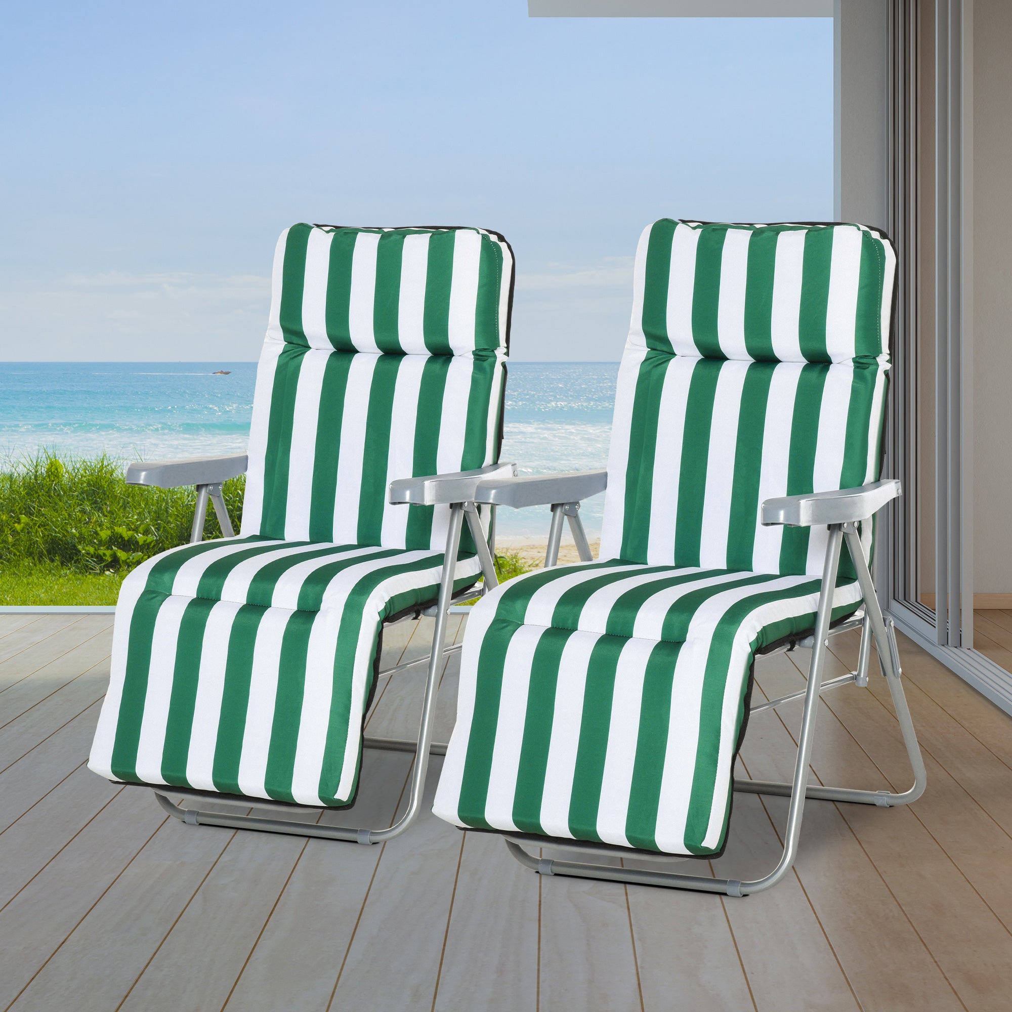 Set of 2 Folding Outdoor Garden Sun Recliner Loungers with Cushions - Green and White
