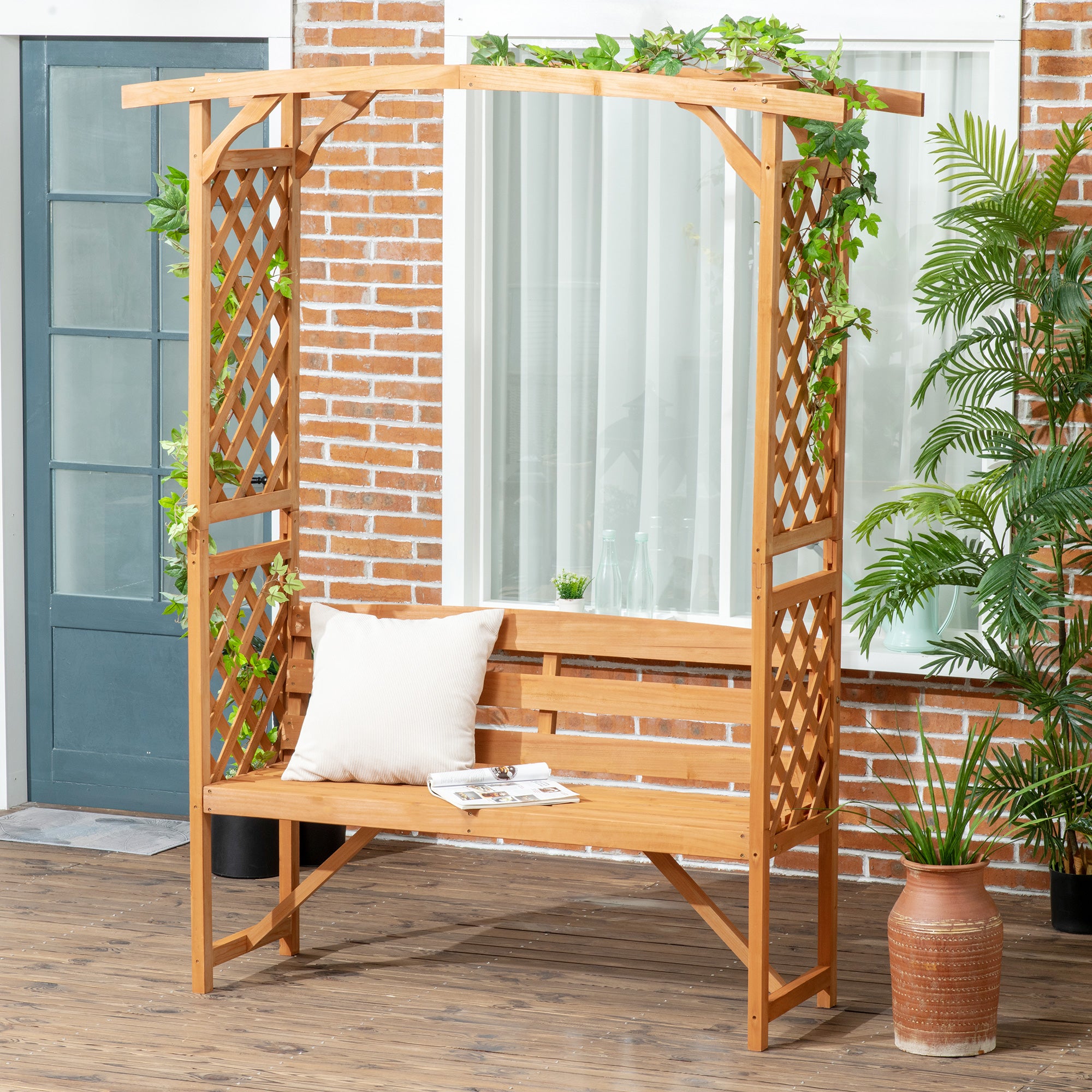 Natural Wooden Garden Arbour Bench with Trellis and Seat - Brown