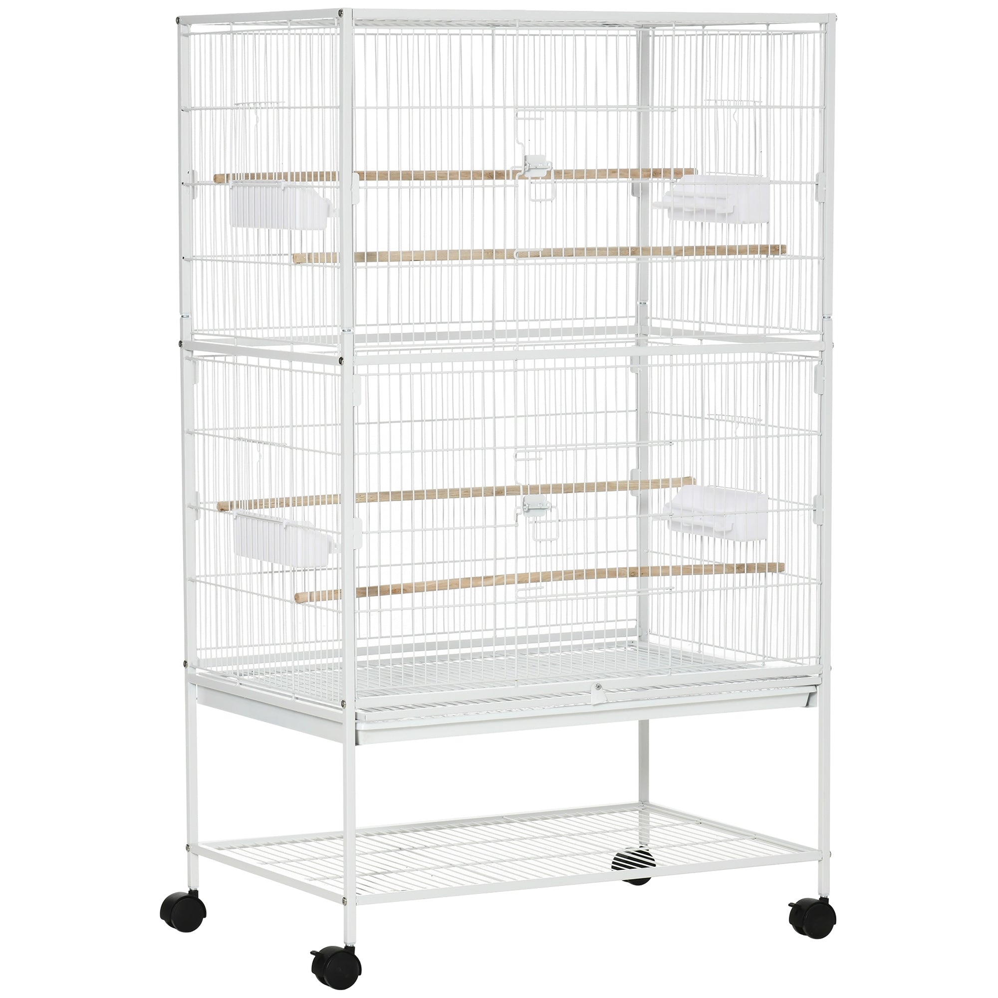 Large Bird Cage Aviary for Finch Canaries, Budgies with Rolling Stand, Slide-out Tray, Storage Shelf, Wood Perch, Food Containers, White