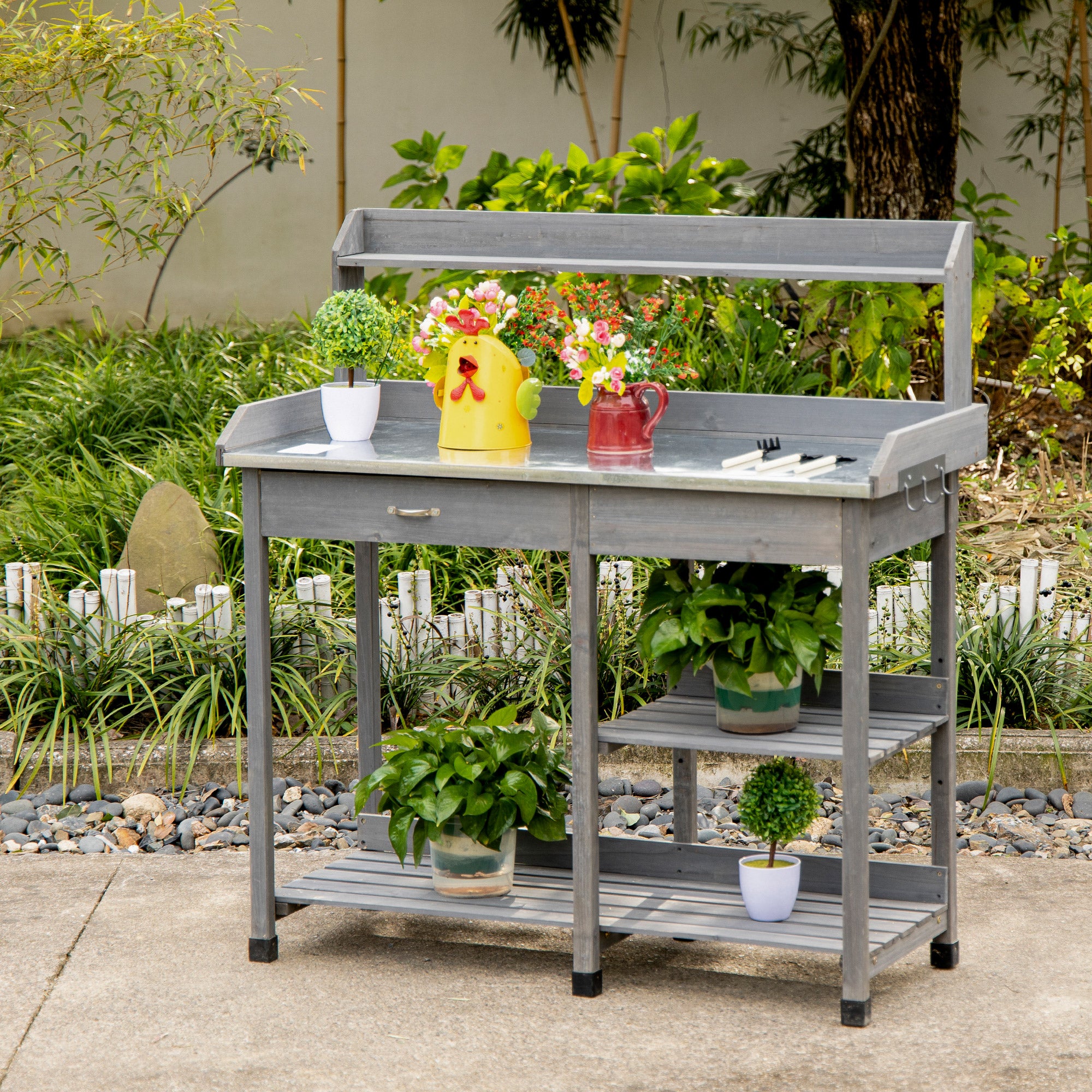 Wooden Garden Potting Table with Galvanized Metal Top and Storage Shelves