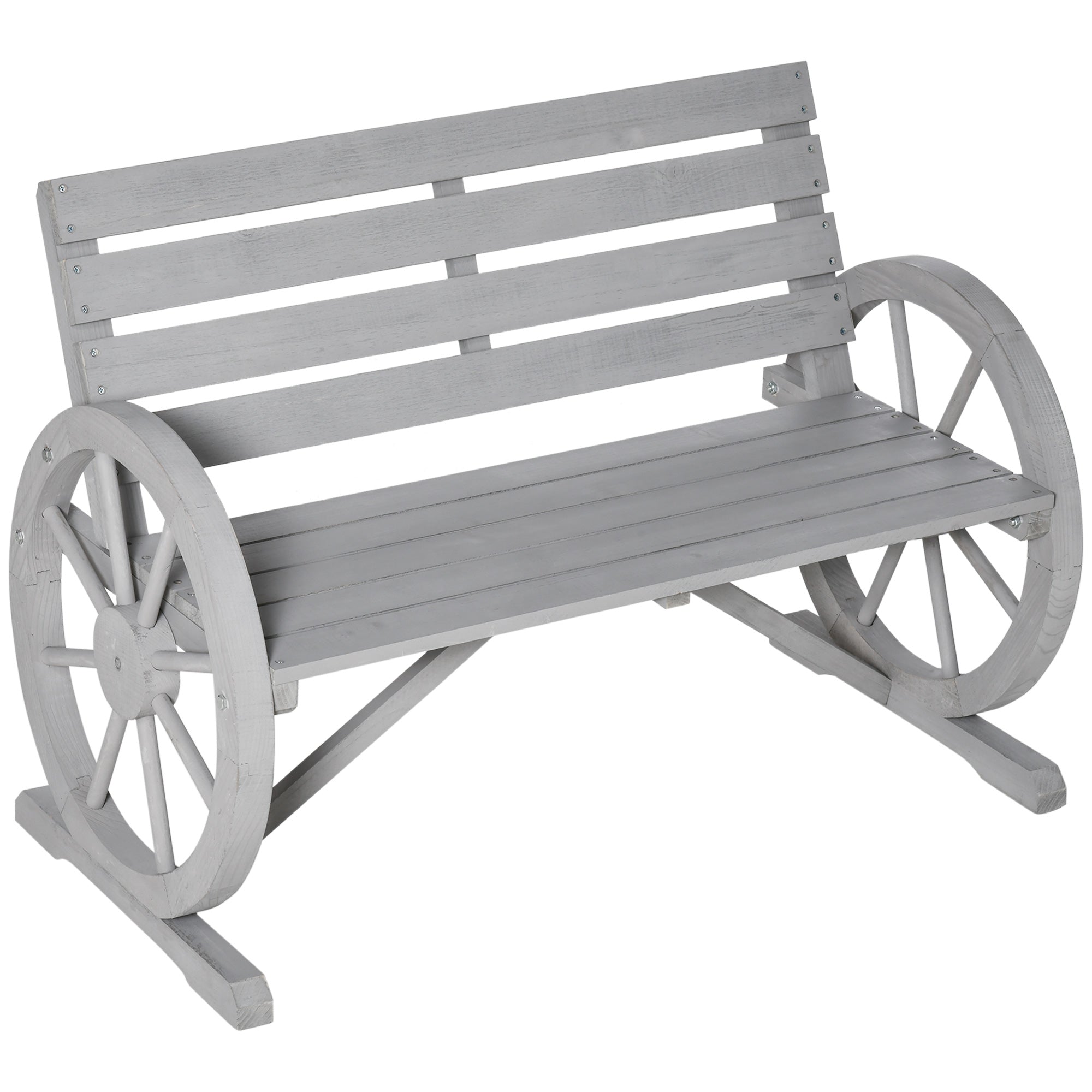 2 Seater Outdoor Garden Bench with Wagon Wheel Armrests and High Back - Grey