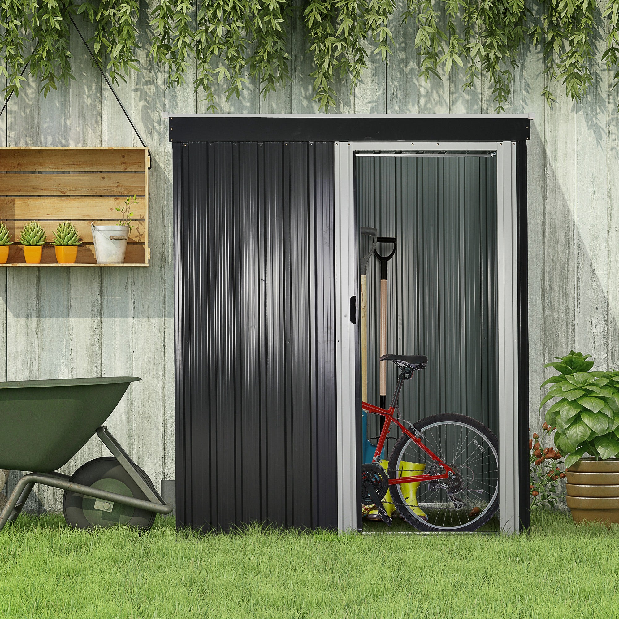 Set of 2 Galvanised Steel Garden Storage Sheds with Sliding Doors Black