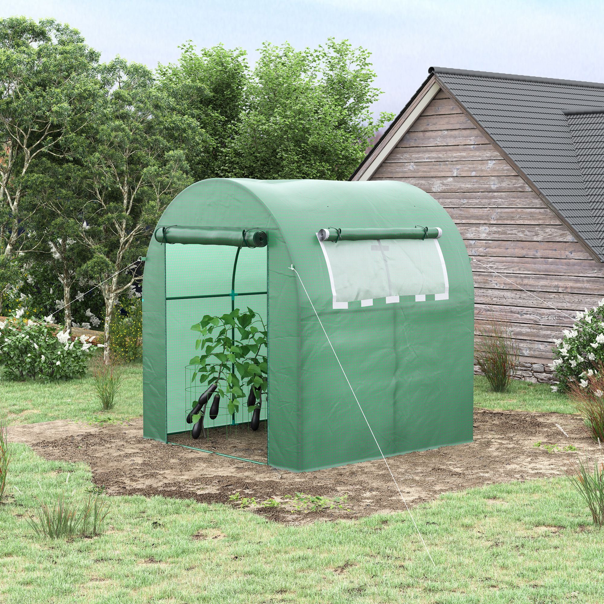 1.8m Walk-In Polytunnel Greenhouse with Roll-Up Door and Window - Green