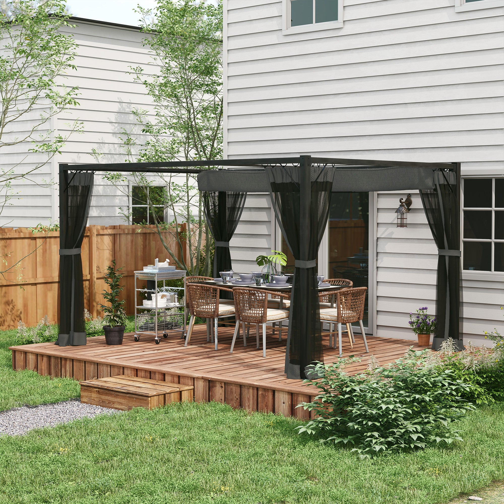 Set of 3 Retractable Pergola Gazebo with Nettings for Outdoor Shade - Dark Grey