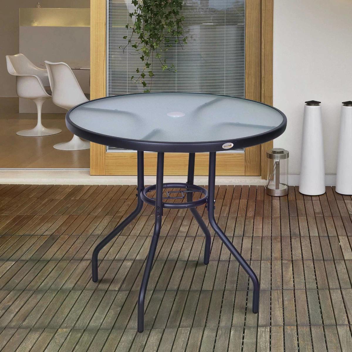 Outdoor Round Dining Table with Tempered Glass Top and Parasol Hole - Steel Frame - 80cm