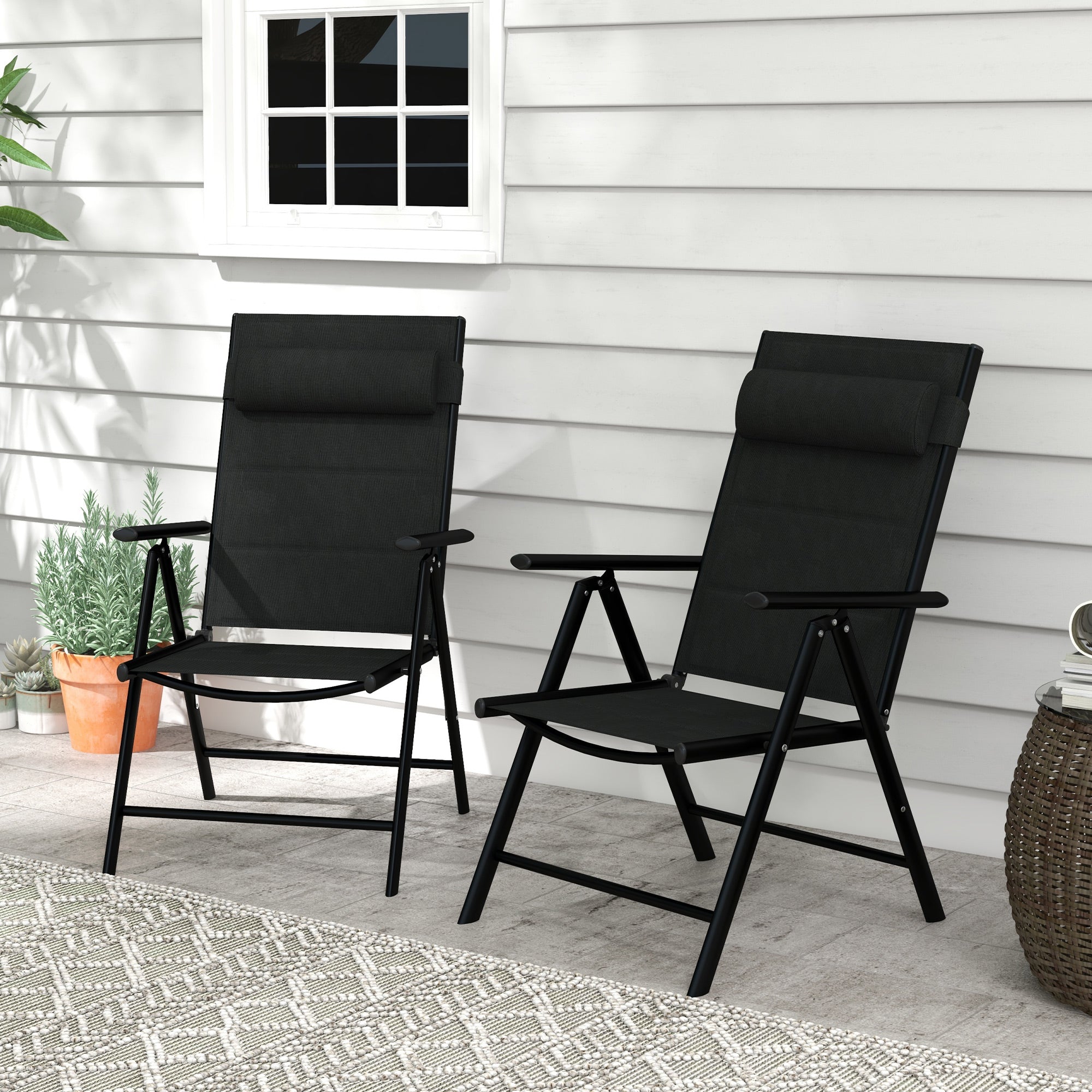 Set of 2 Folding Patio Chairs with Adjustable Back and Padded Mesh Seats - Black