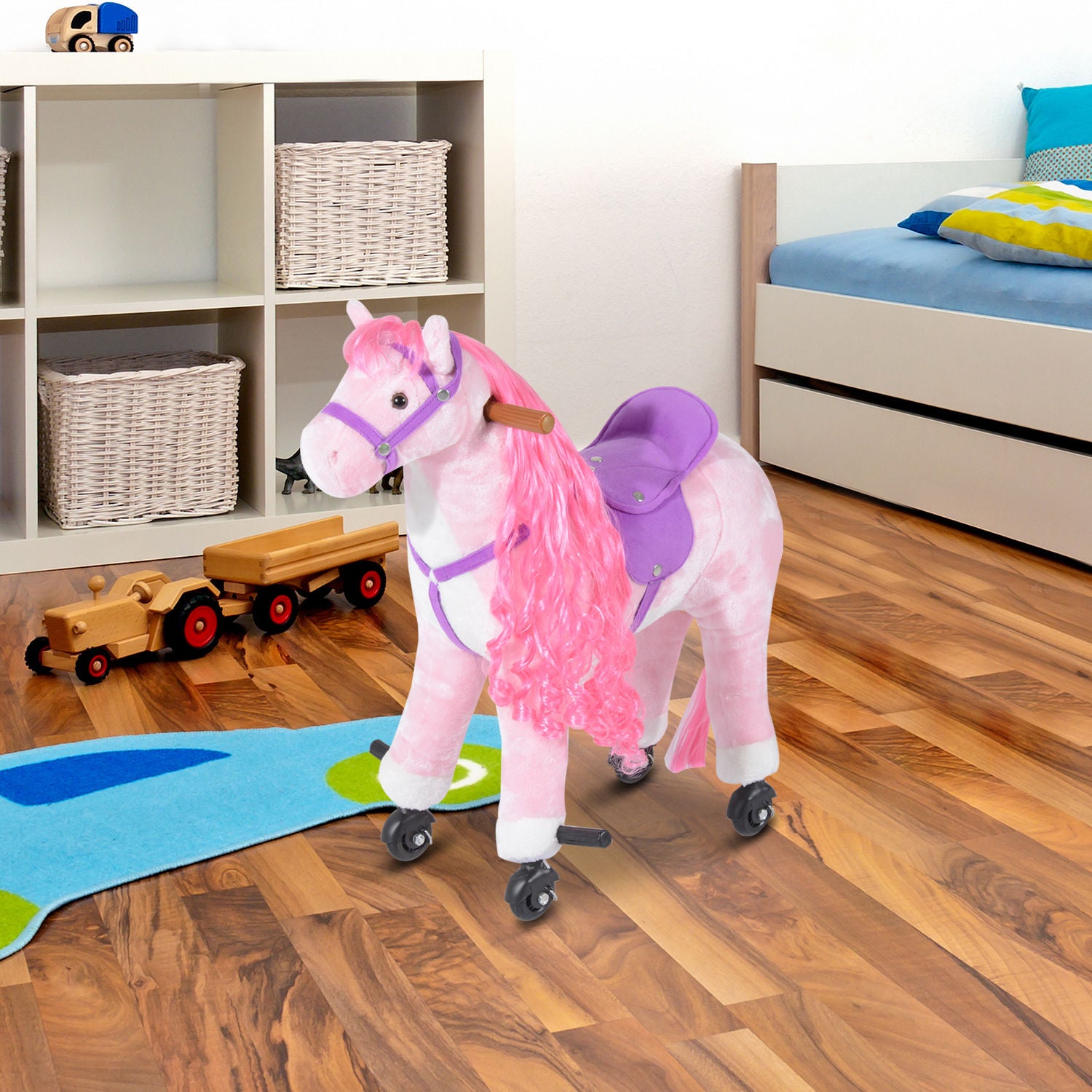 Kids Plush Ride-On Walking Horse with Sound - Pink