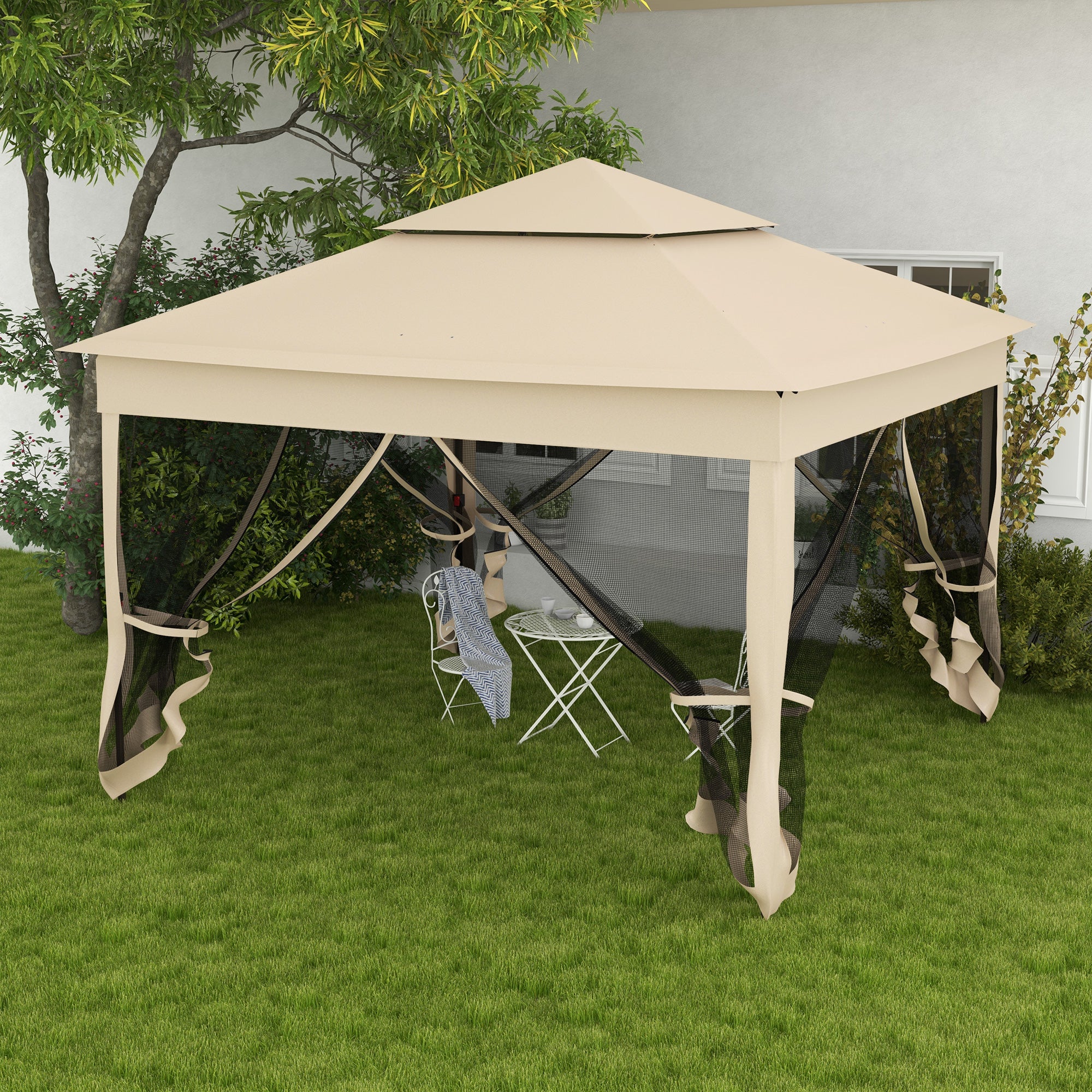 3 x 3 Metre Pop Up Gazebo Set with Double Roof and Netting - Cream White
