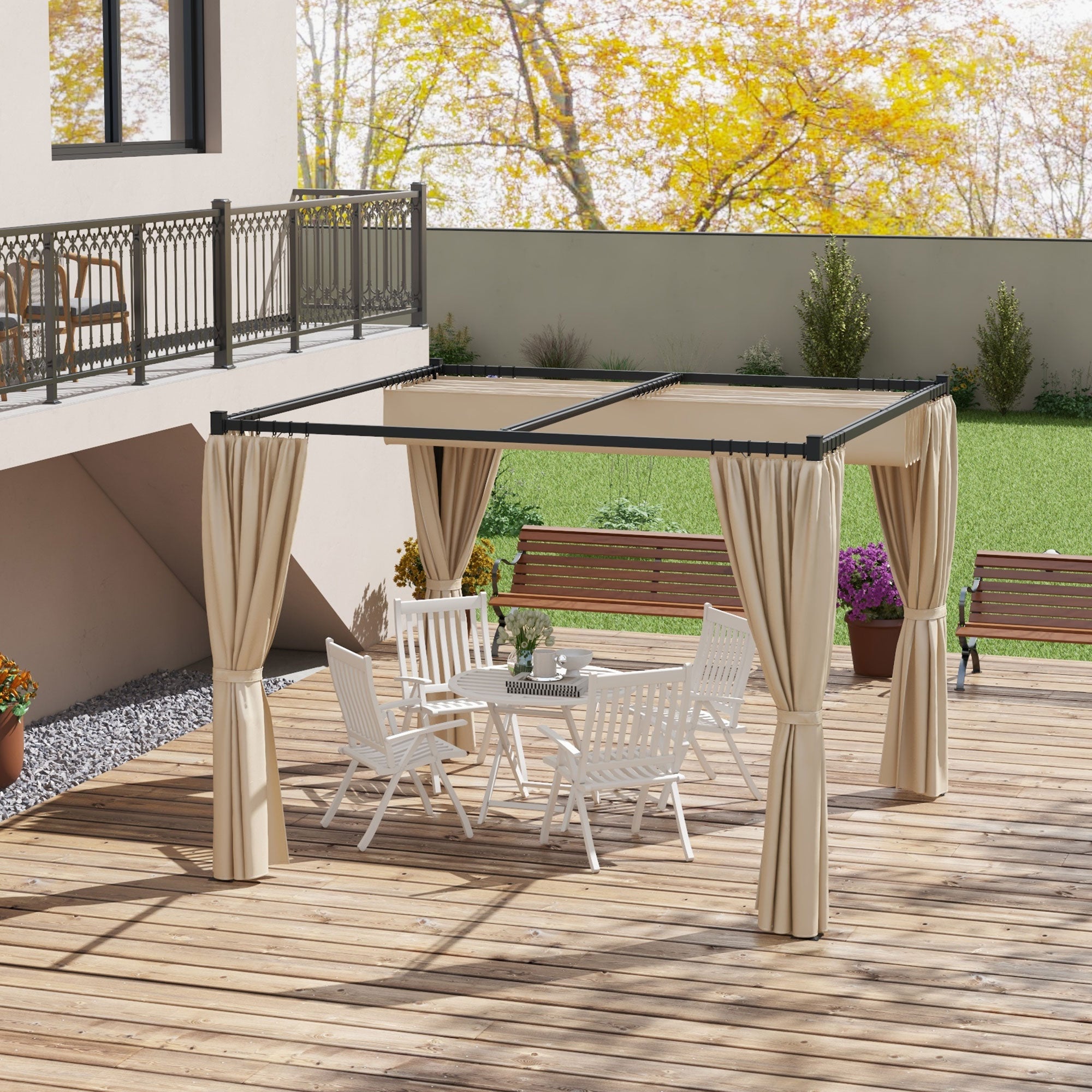 3 x 3 Metre Retractable Pergola with Curtains and Durable Metal Frame - Beige