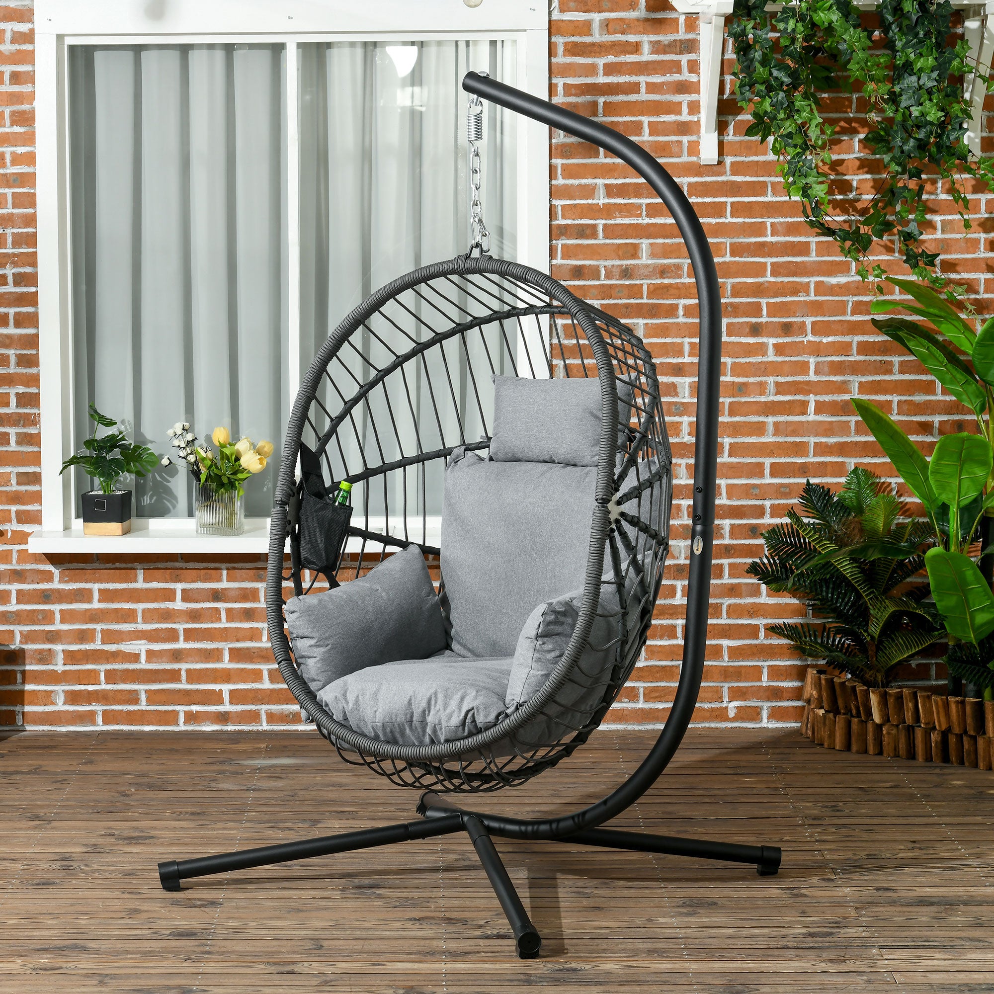 Outdoor Swing Chair with Padded Cushion and Steel Stand - Grey