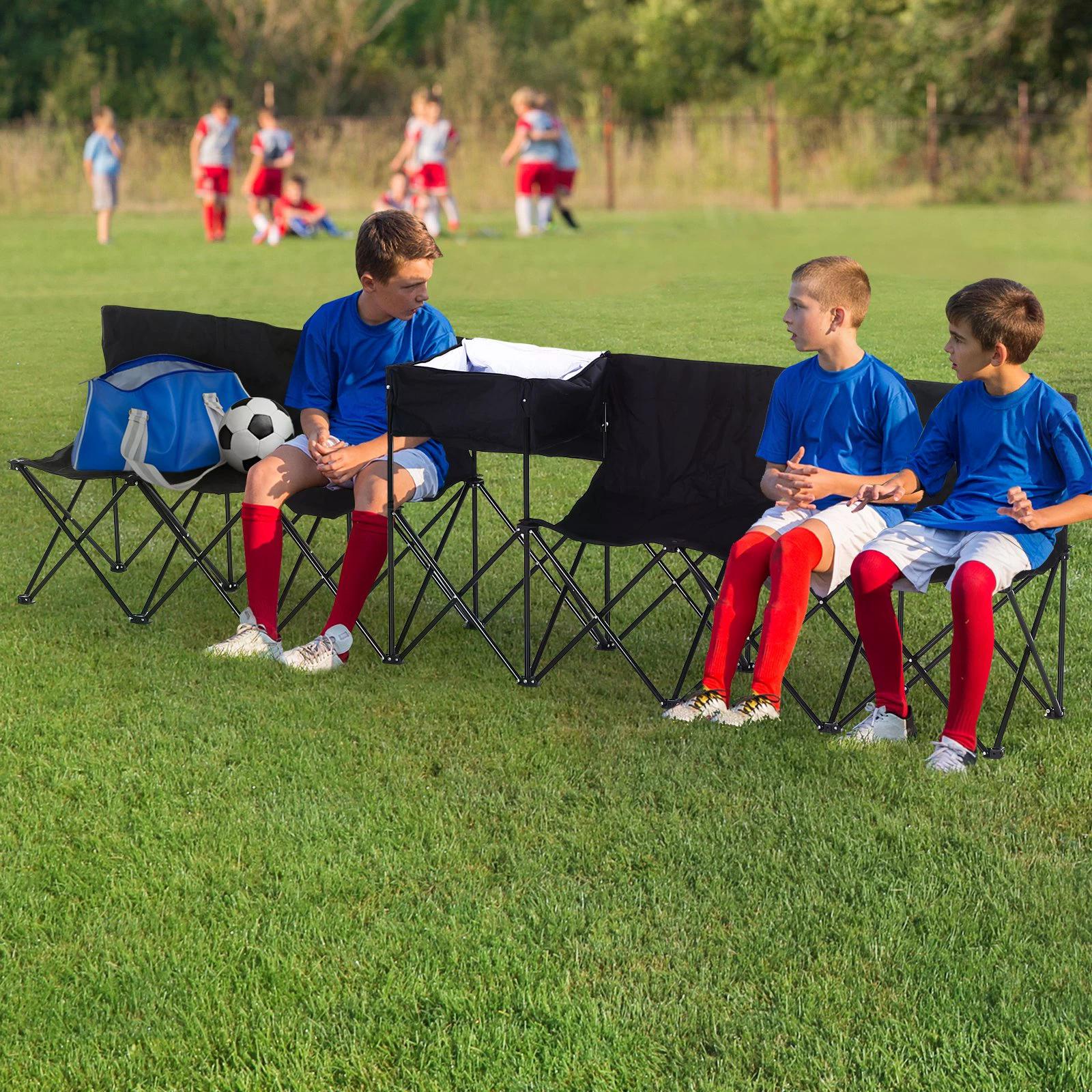 6-Seater Folding Steel Camping Bench with Cooler Bag - Black