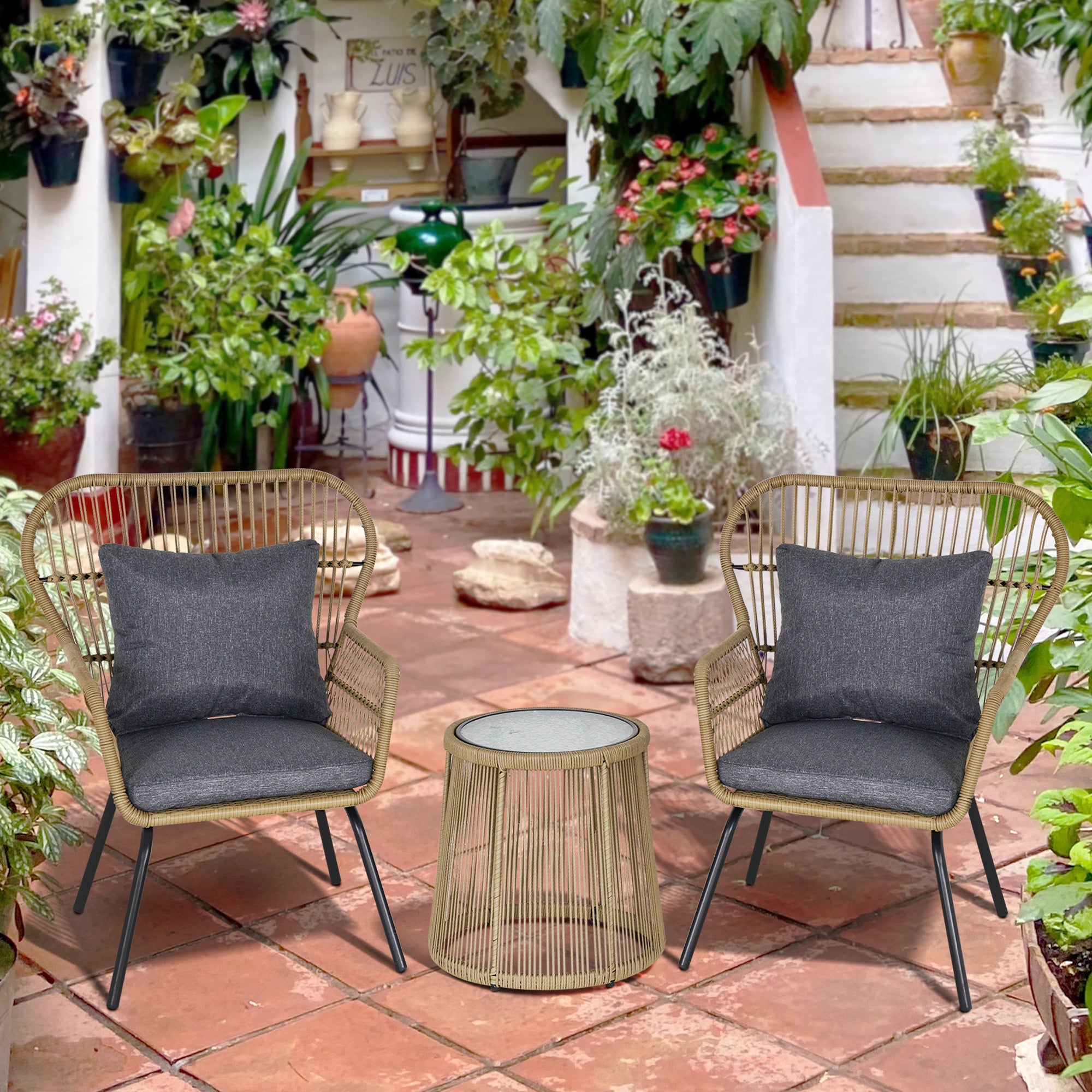 2 Seater Outdoor Bistro Set Wicker Rattan With Metal Legs