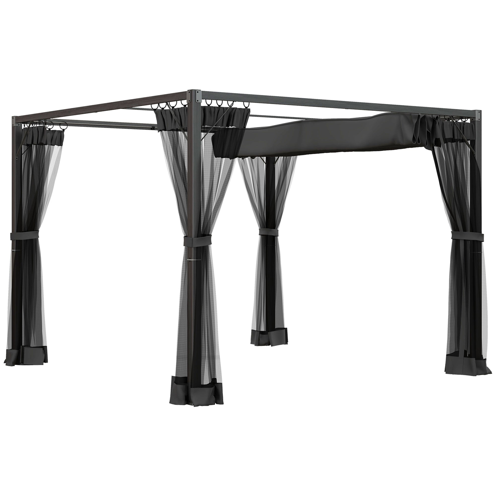 3 x 3 Metre Retractable Pergola With Mesh Curtains - Dark Grey