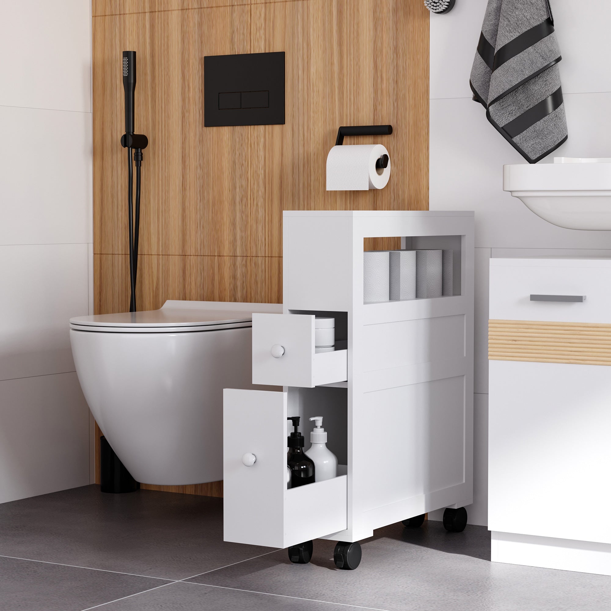Narrow Rolling Bathroom Side Cabinet with Drawers and Castors - White