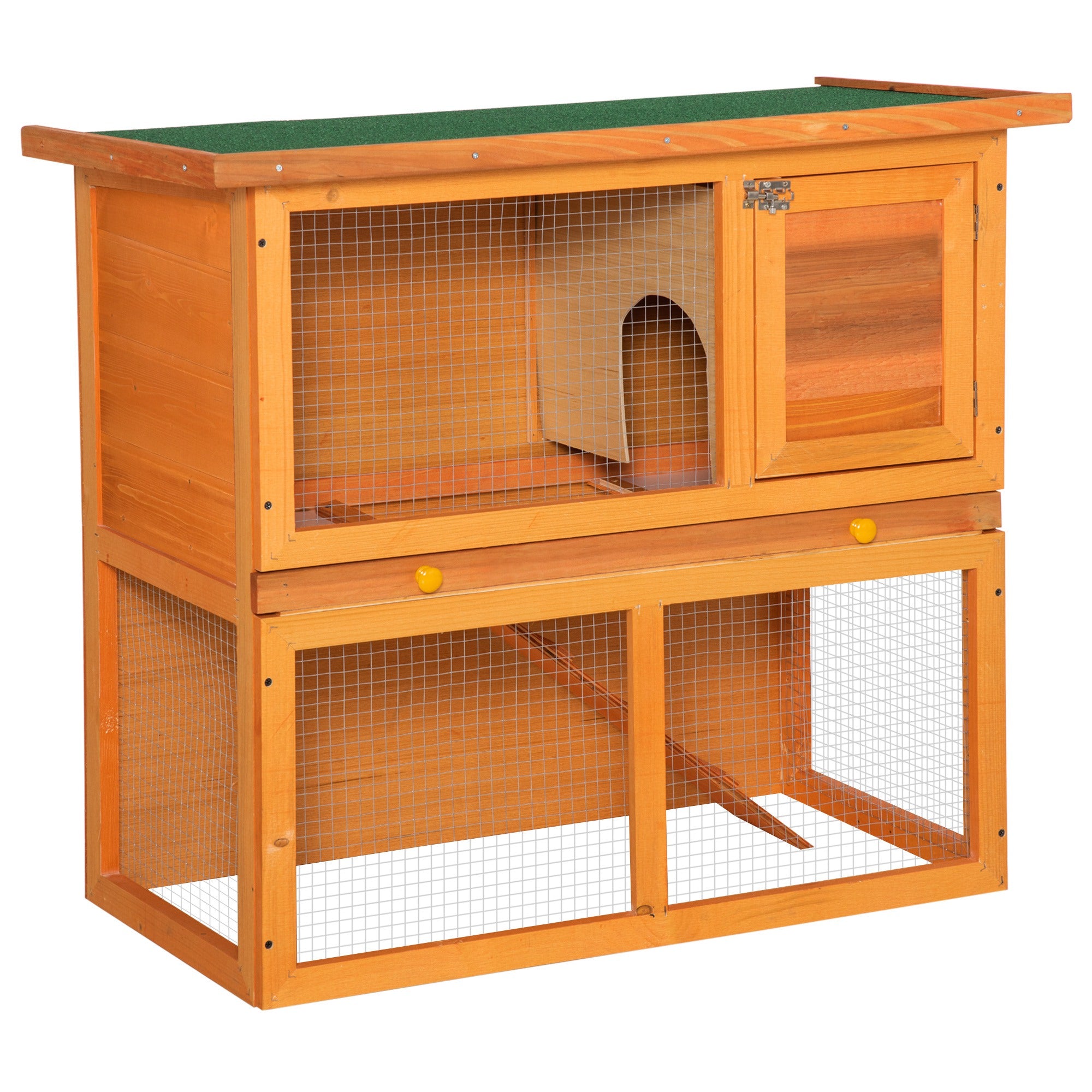 2-Tier Wooden Rabbit and Guinea Pig Hutch with Sliding Tray and Opening Top - Vintage Yellow Green