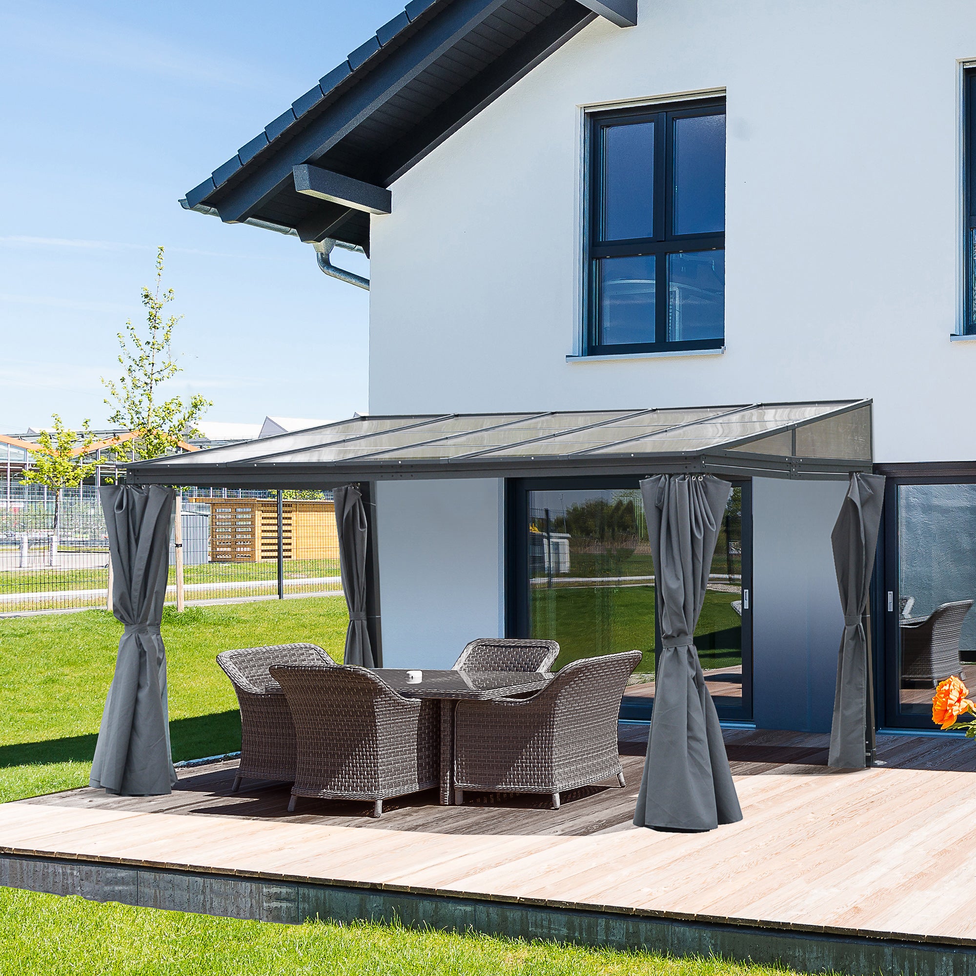 4 x 3m Outdoor Hardtop Pergola with PC Roof, Aluminium Frame, Curtains Wall Lean-To Gazebo - Grey