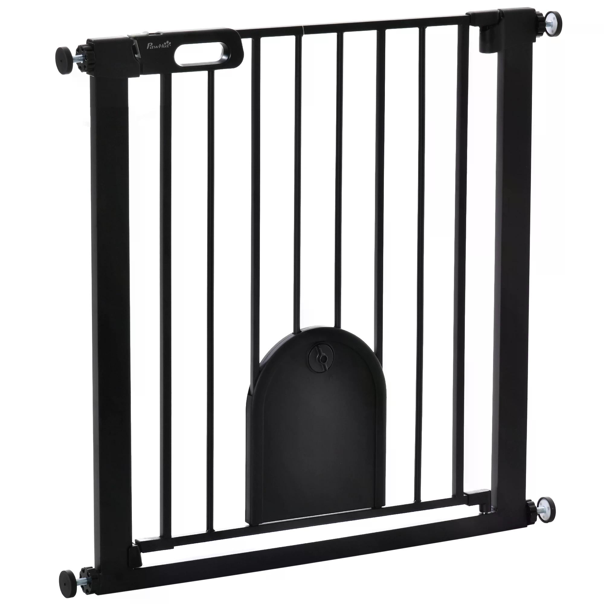 Pet Safety Gate Barrier 75-82 cm Pressure Fit with Small Door, Auto Close & Double Locking for Doorways and Hallways - Black