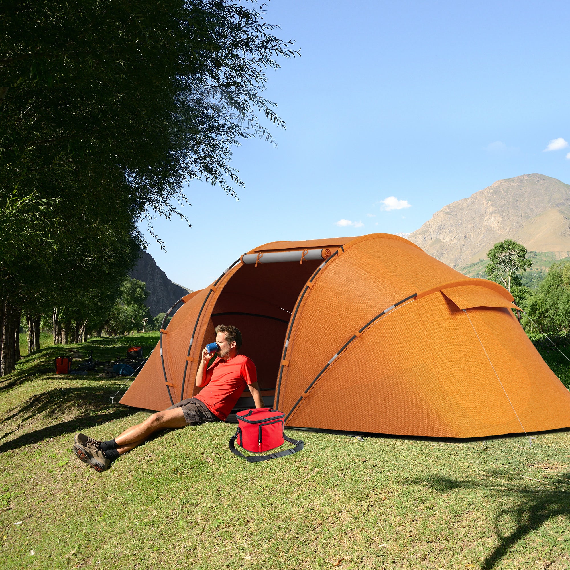 4 to 6 Person Family Camping Tent with UV Protection - Orange