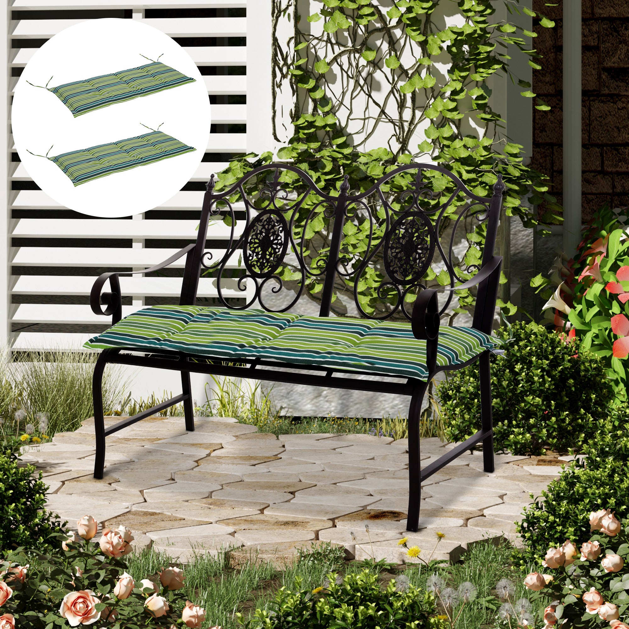 Set of 2 Polyester Outdoor Cushion Pads for Rattan Furniture - Green Stripes