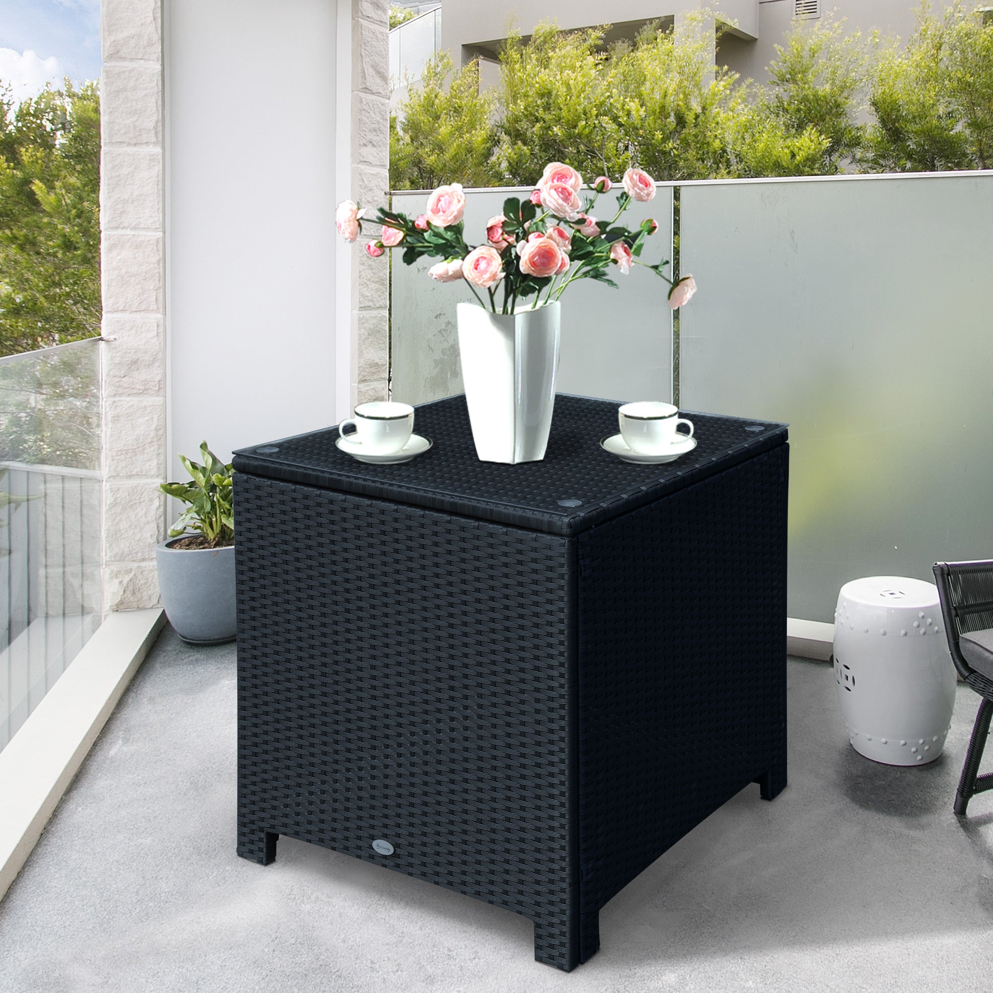 Rattan Garden Side Table with Tempered Glass Top - Black