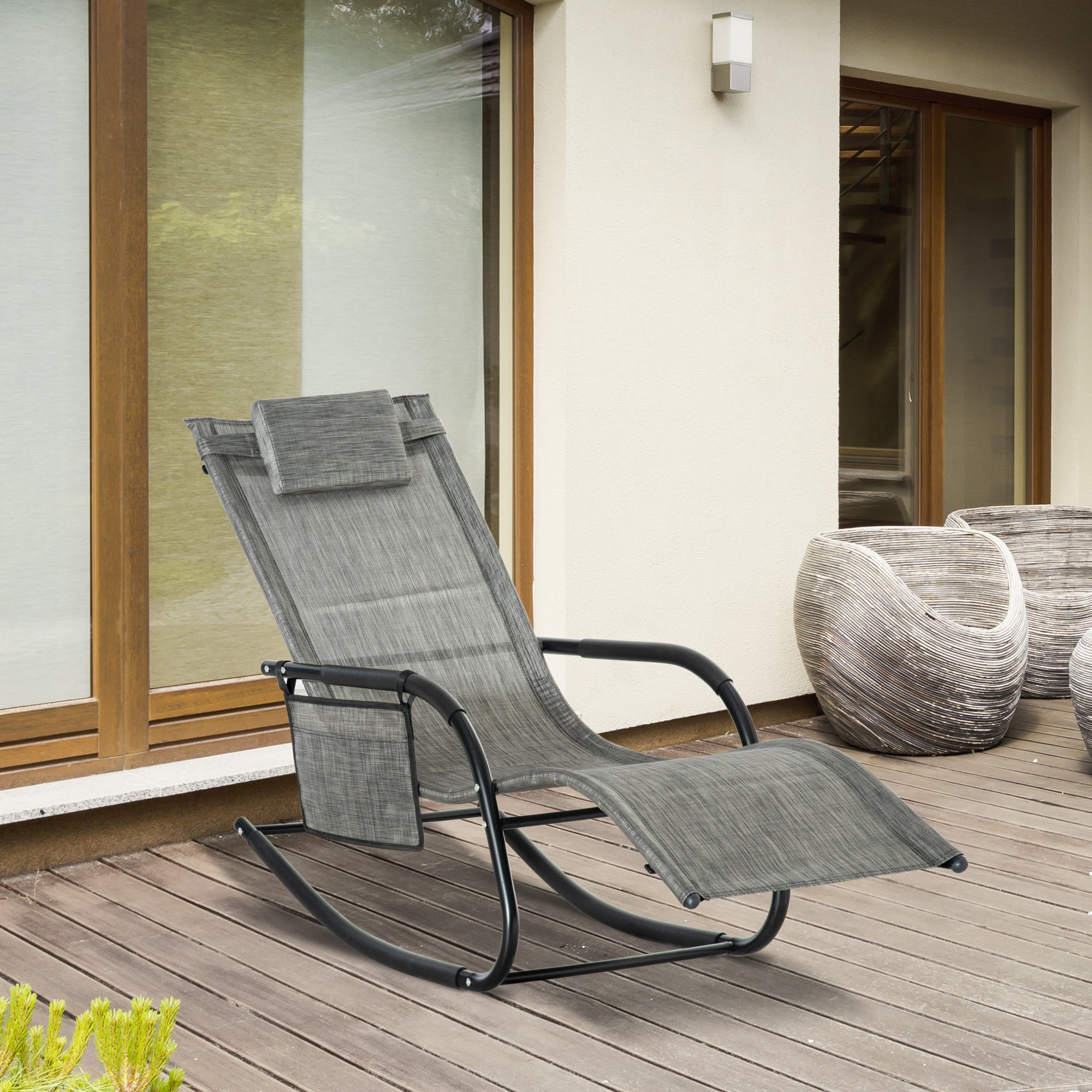 Breathable Mesh Patio Rocking Chair with Removable Headrest and Side Pocket - Dark Grey