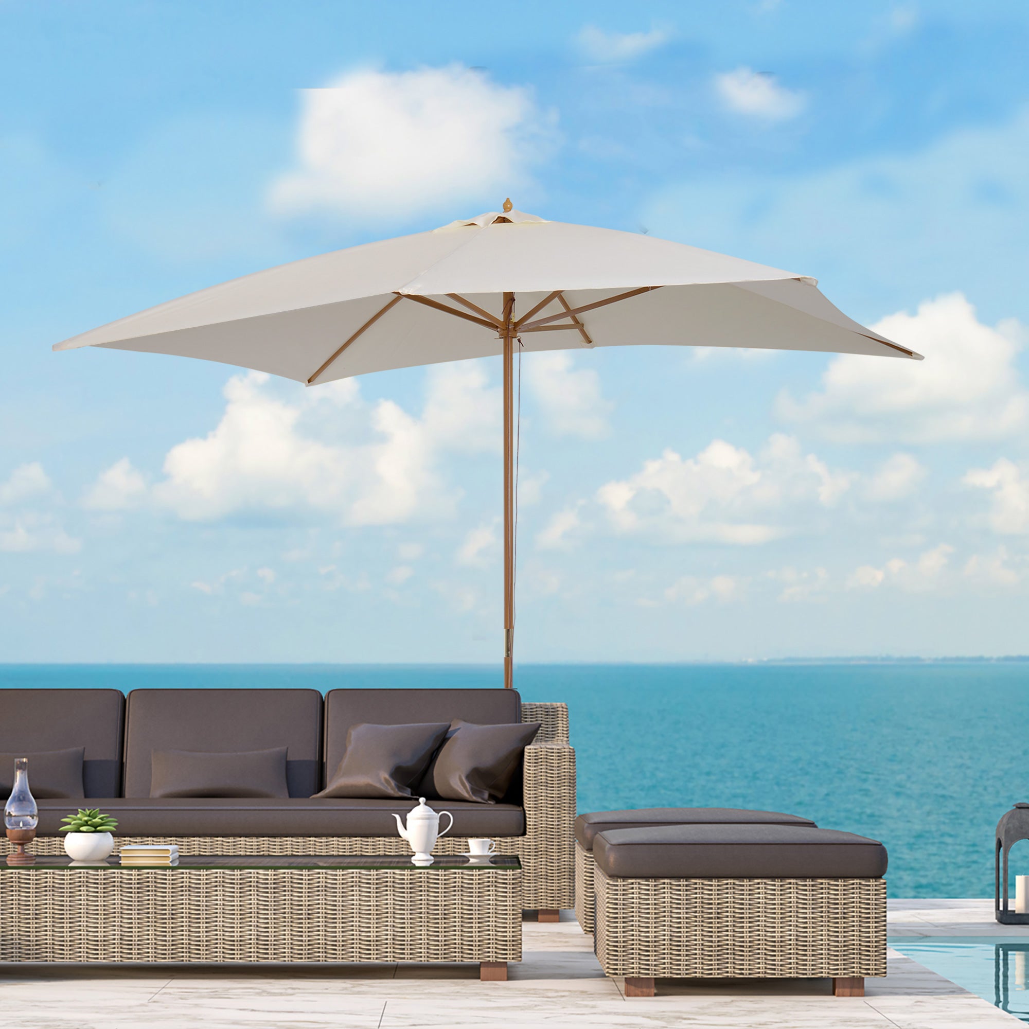 3x2m Wooden Patio Parasol with Ventilated Cream Canopy - Cream