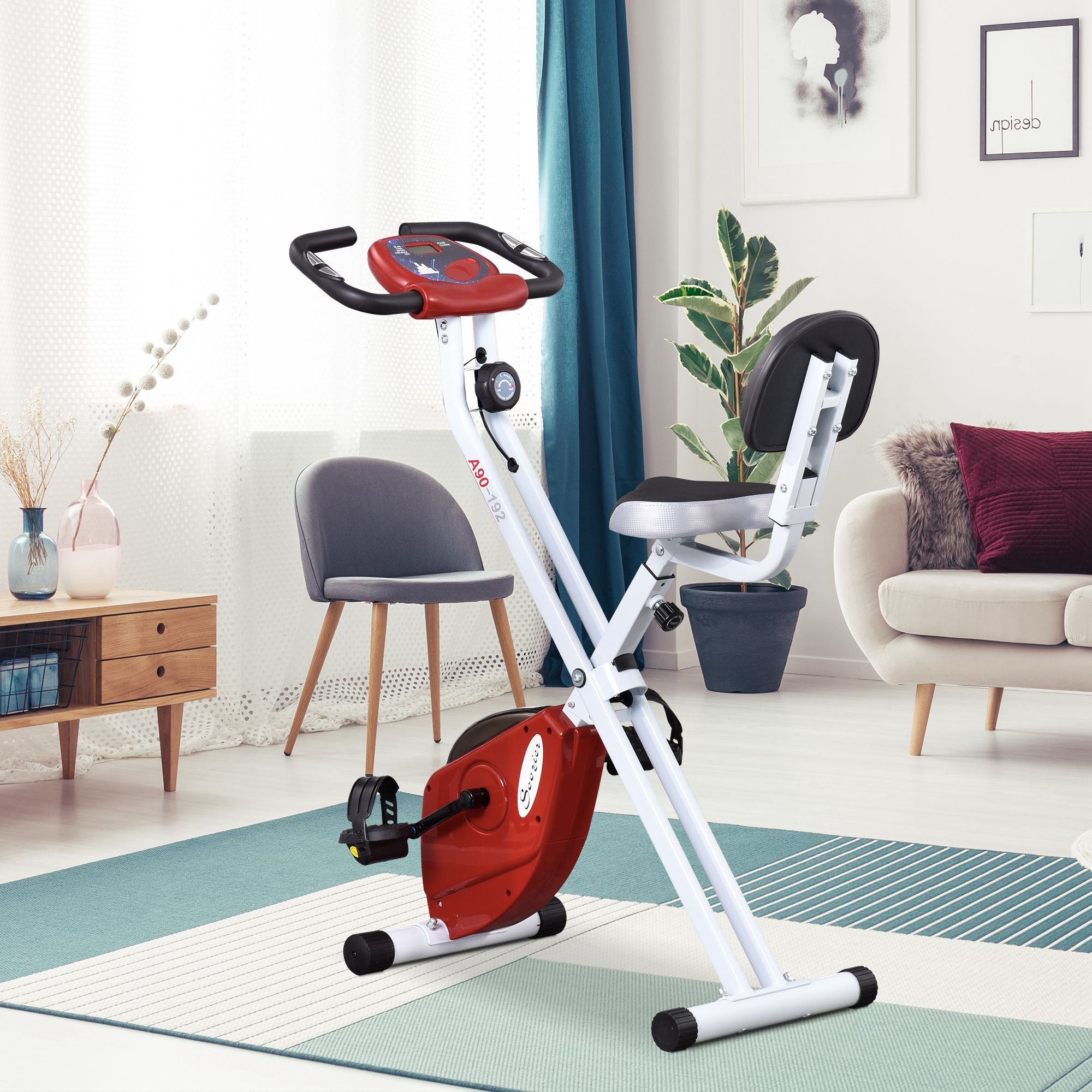 Steel Manual Stationary Exercise Bike with LCD Monitor - Red