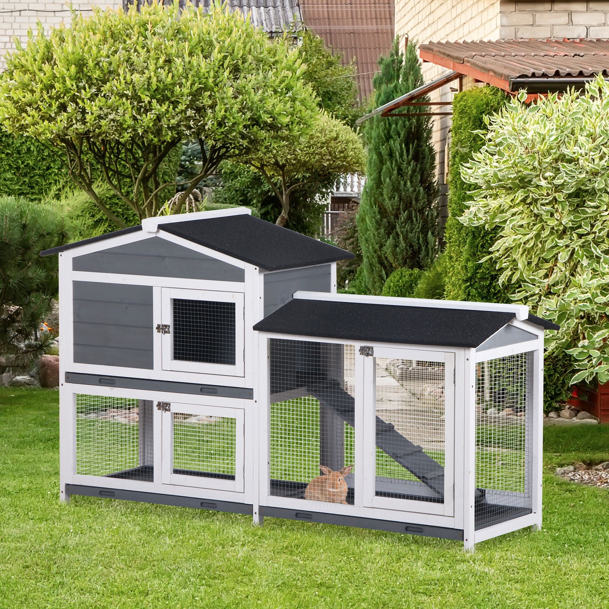 Wooden 2-Tier Rabbit Hutch with Tray and Ramp - Grey