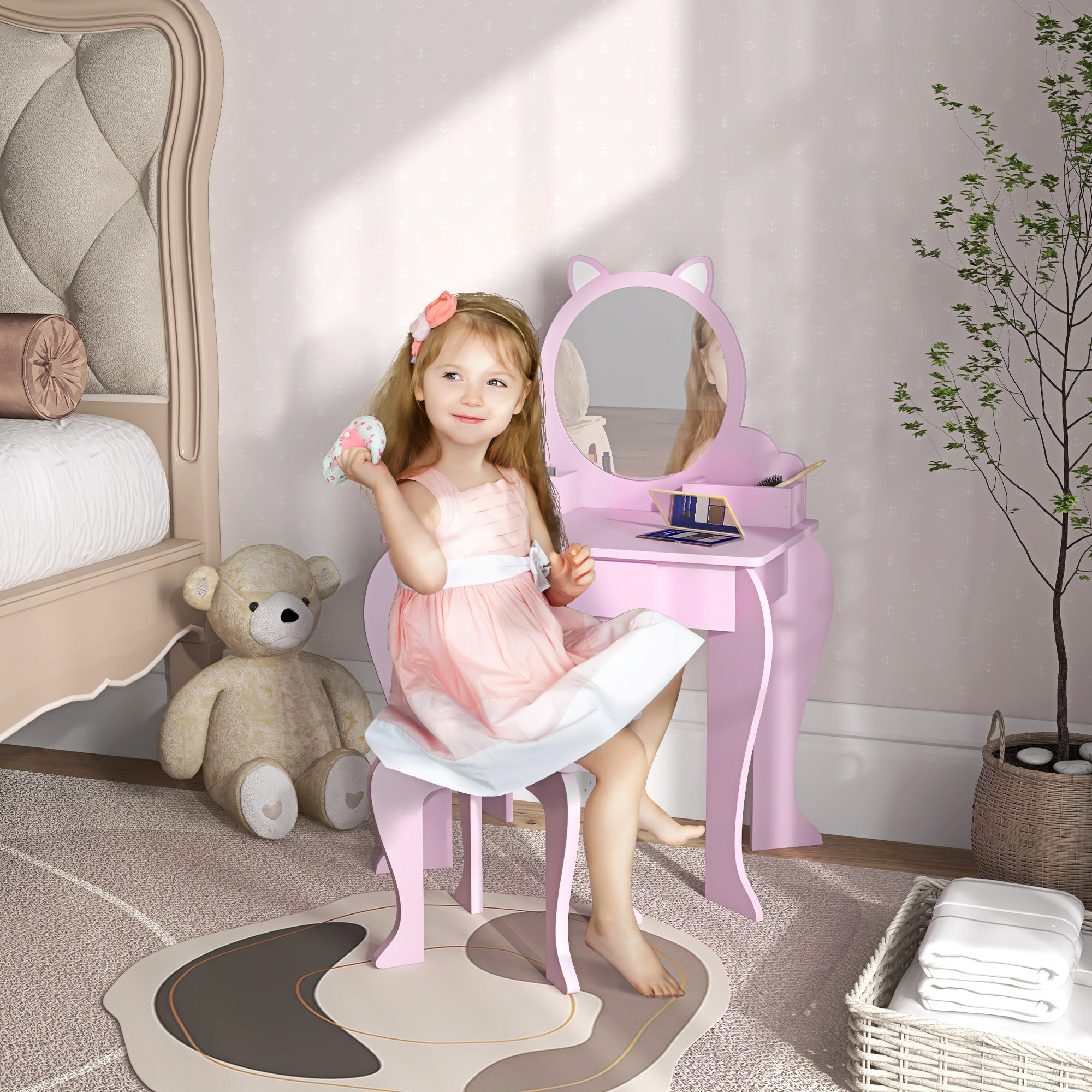 Kids Vanity Table Set with Mirror and Stool, Pink Cat Design, Storage Drawer